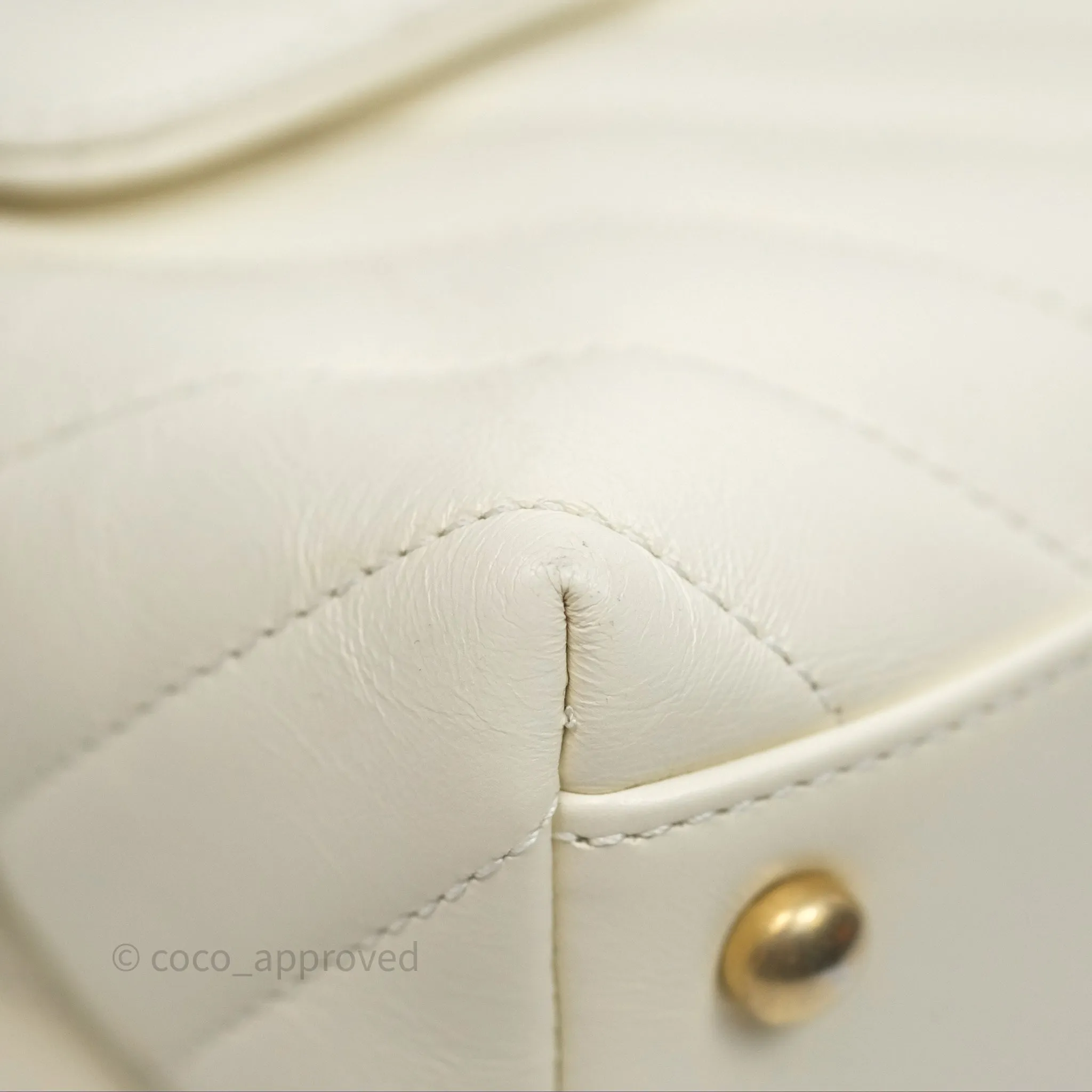 Chanel Medium Coco Handle Chevron Aged Calfskin Ivory Aged Gold Hardware Beige Lizard Handle