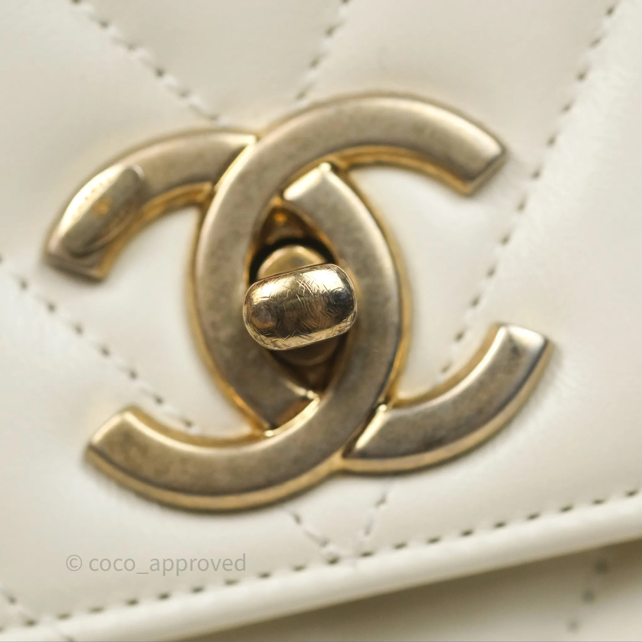 Chanel Medium Coco Handle Chevron Aged Calfskin Ivory Aged Gold Hardware Beige Lizard Handle