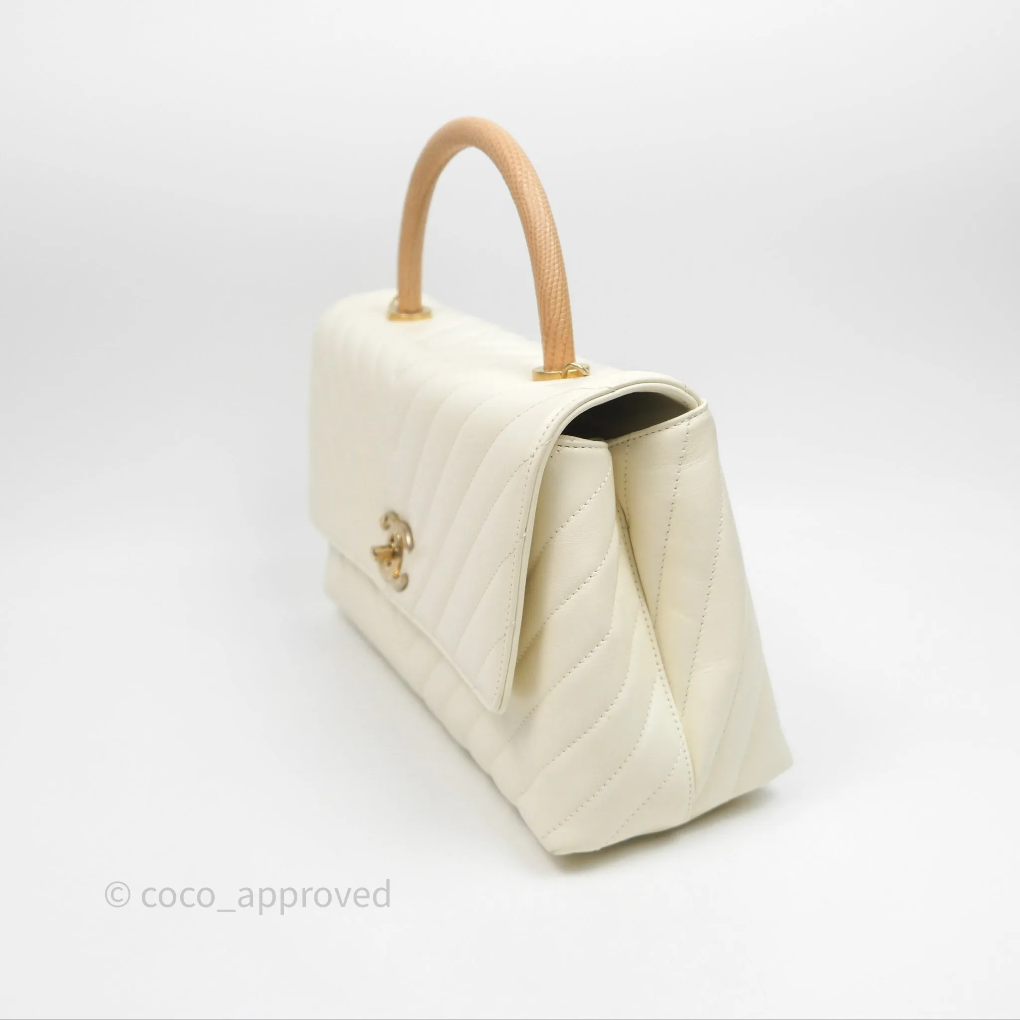 Chanel Medium Coco Handle Chevron Aged Calfskin Ivory Aged Gold Hardware Beige Lizard Handle