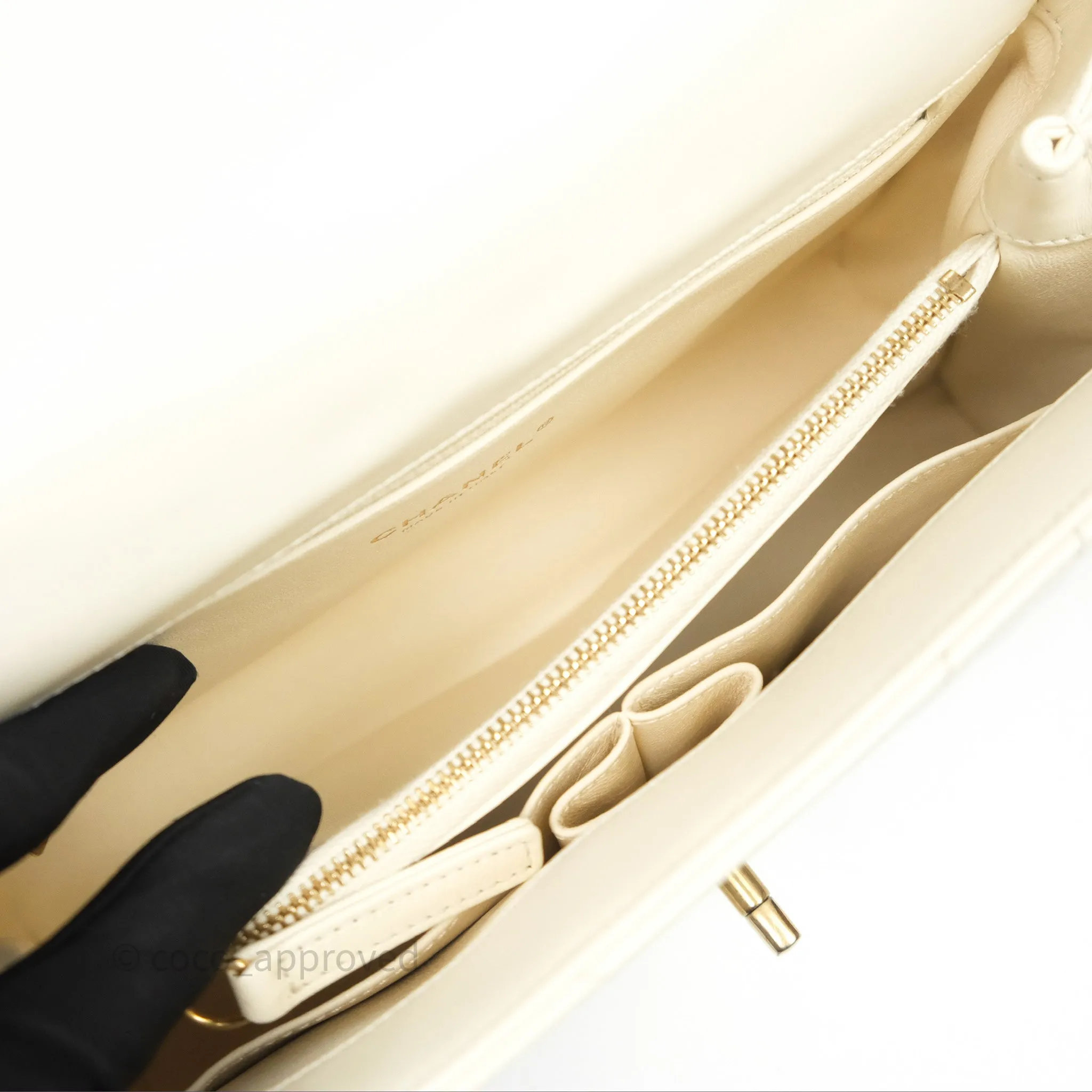 Chanel Medium Coco Handle Chevron Aged Calfskin Ivory Aged Gold Hardware Beige Lizard Handle