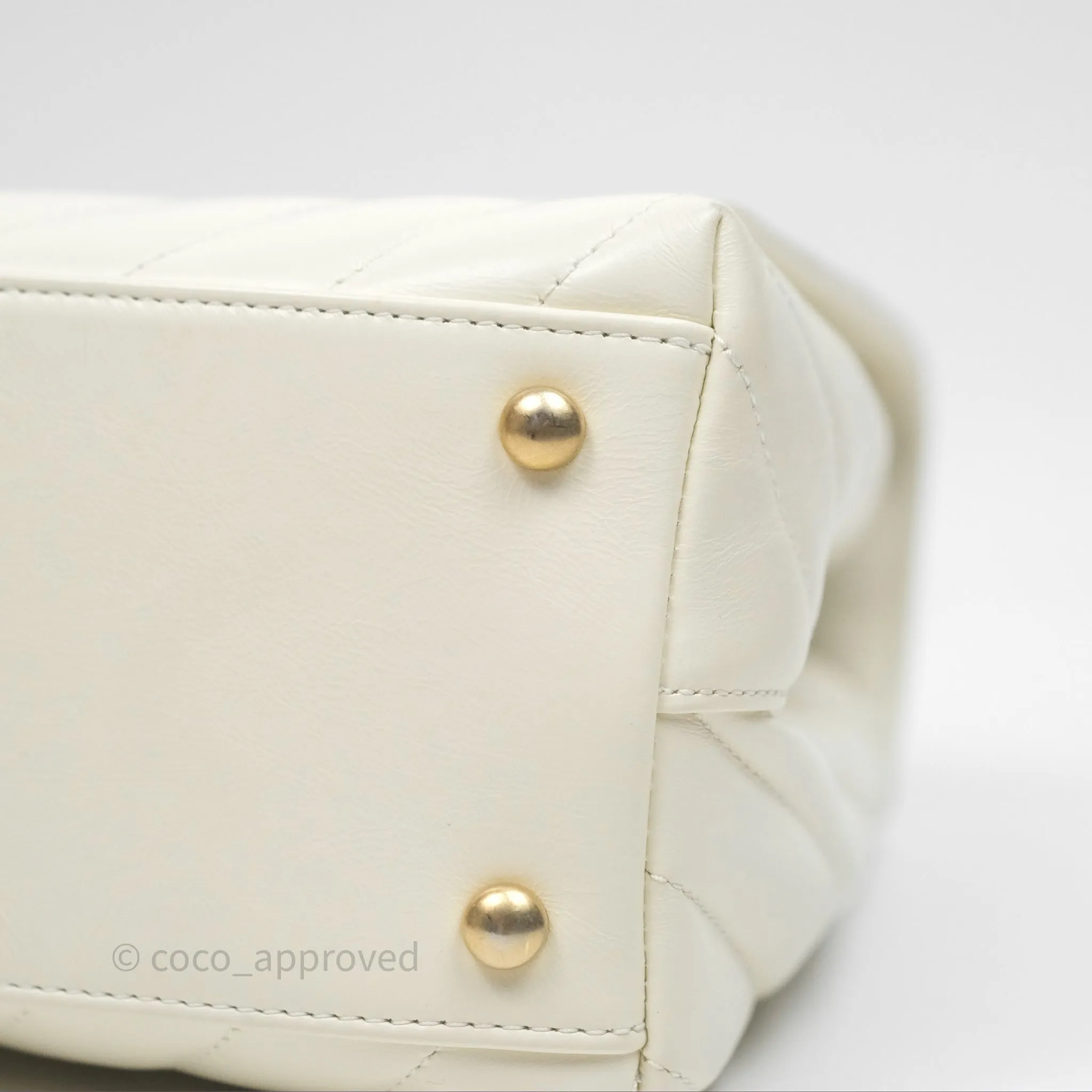 Chanel Medium Coco Handle Chevron Aged Calfskin Ivory Aged Gold Hardware Beige Lizard Handle
