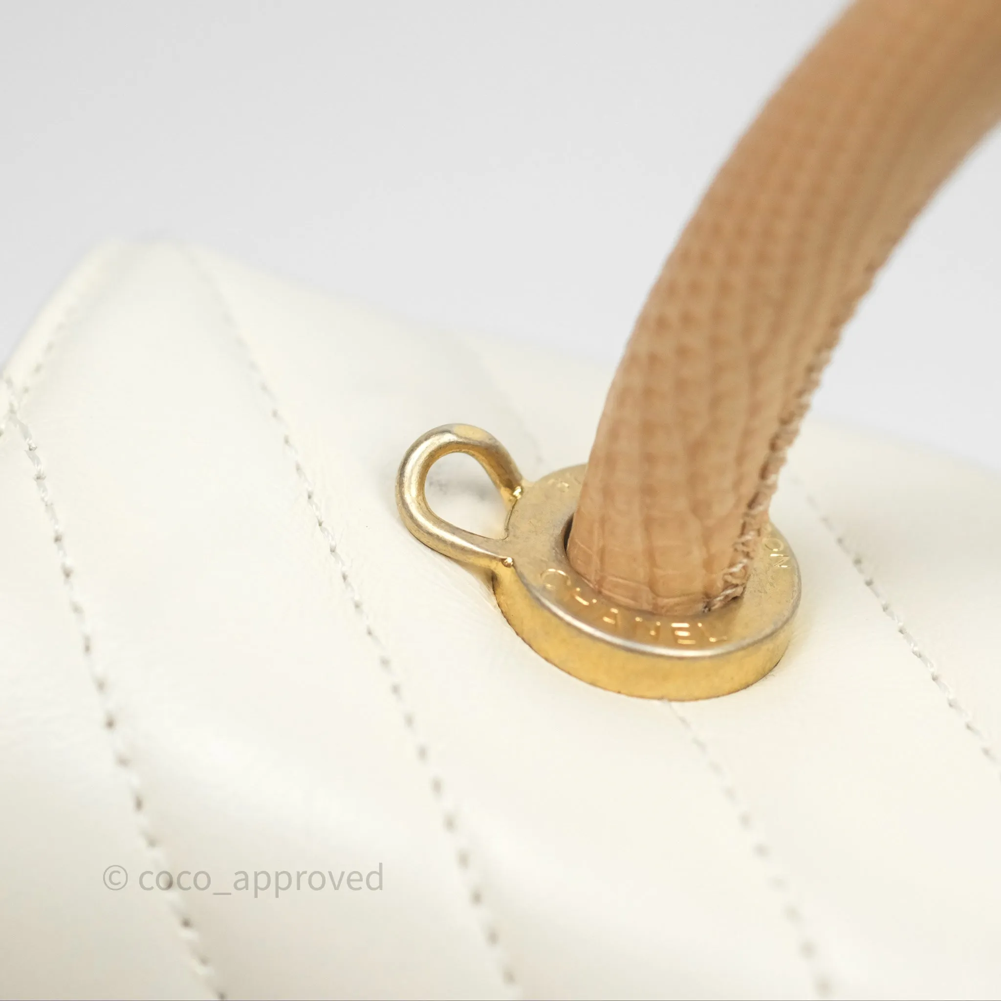 Chanel Medium Coco Handle Chevron Aged Calfskin Ivory Aged Gold Hardware Beige Lizard Handle
