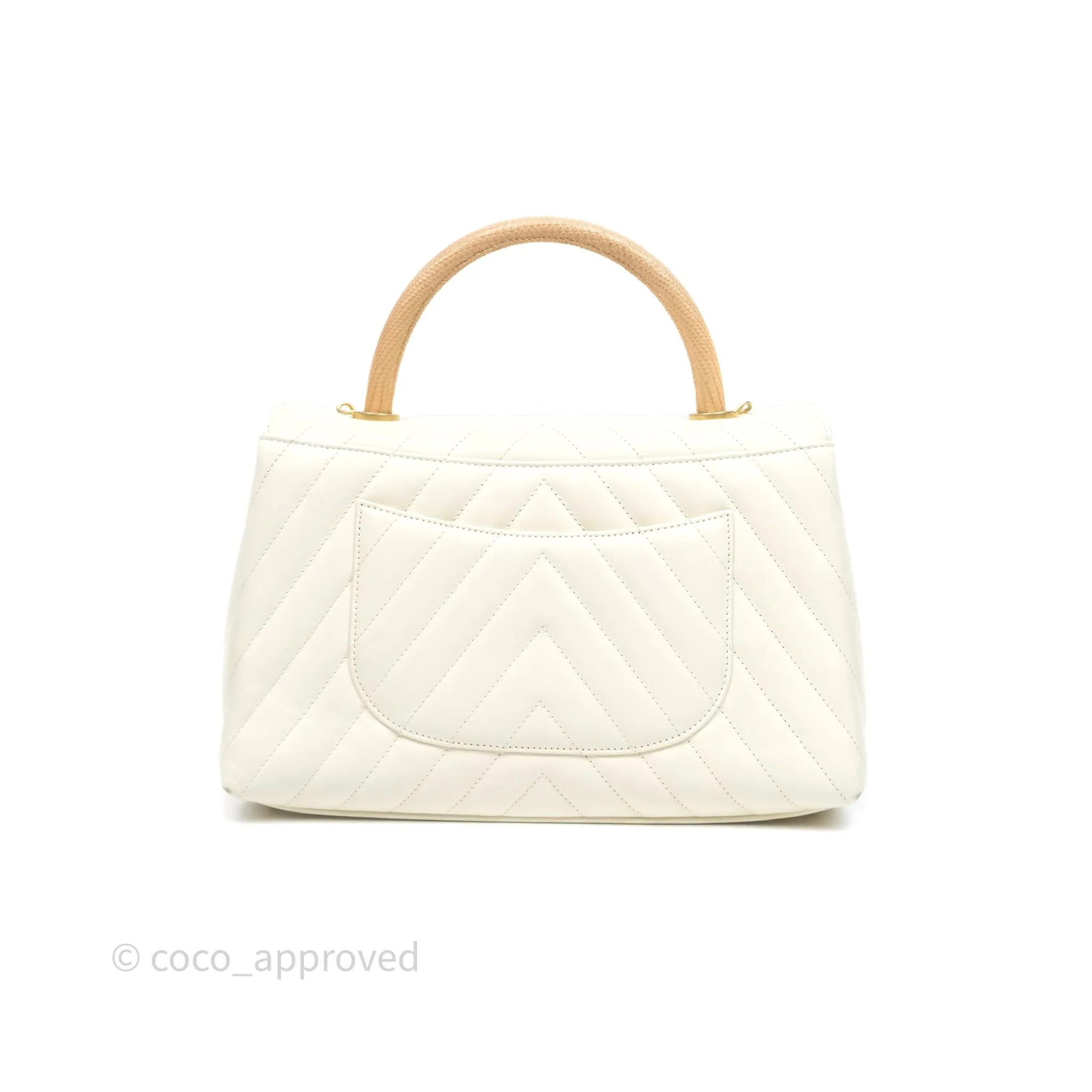 Chanel Medium Coco Handle Chevron Aged Calfskin Ivory Aged Gold Hardware Beige Lizard Handle