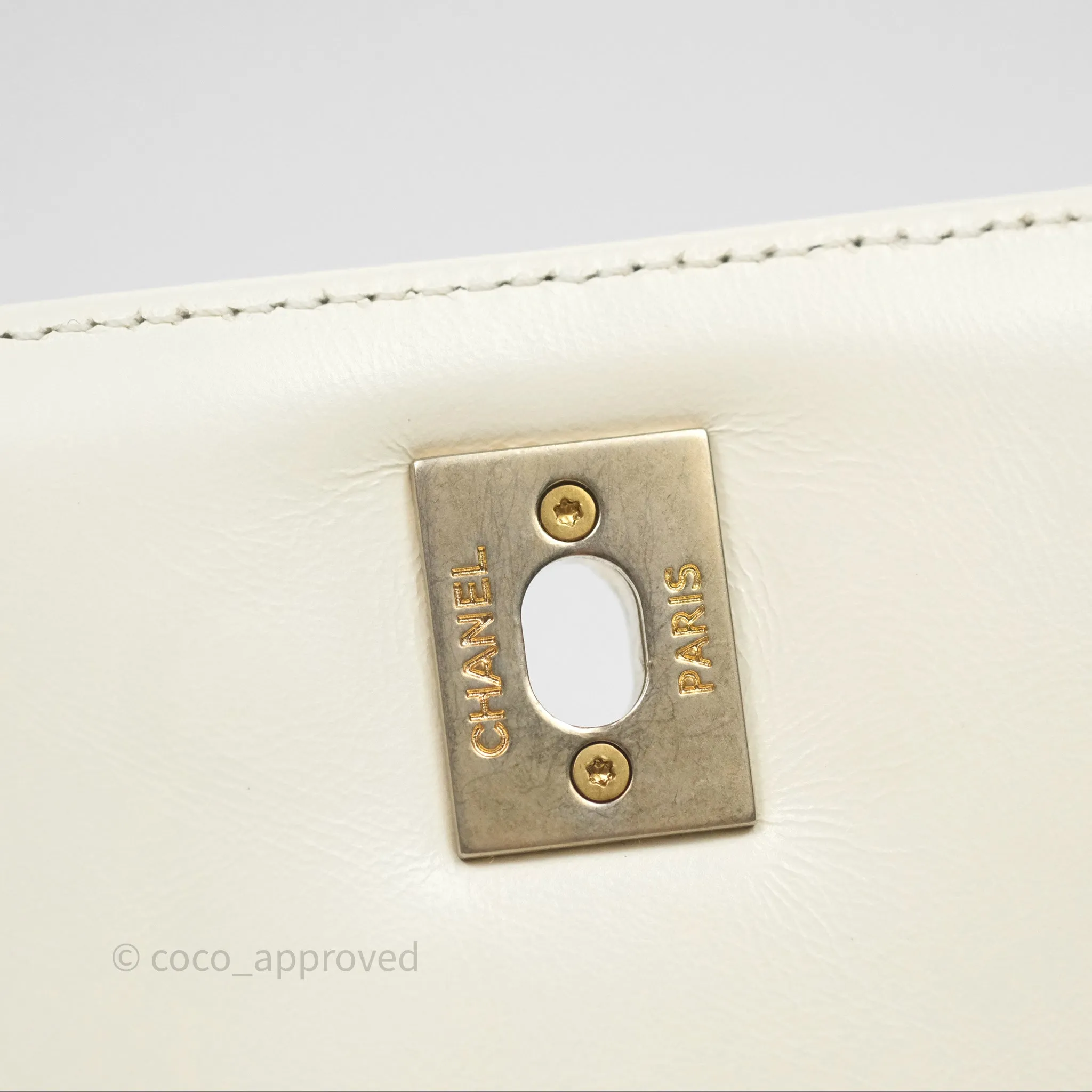 Chanel Medium Coco Handle Chevron Aged Calfskin Ivory Aged Gold Hardware Beige Lizard Handle
