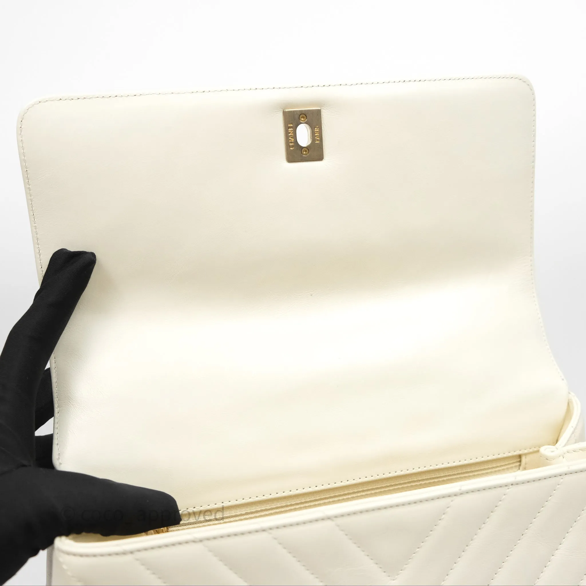 Chanel Medium Coco Handle Chevron Aged Calfskin Ivory Aged Gold Hardware Beige Lizard Handle
