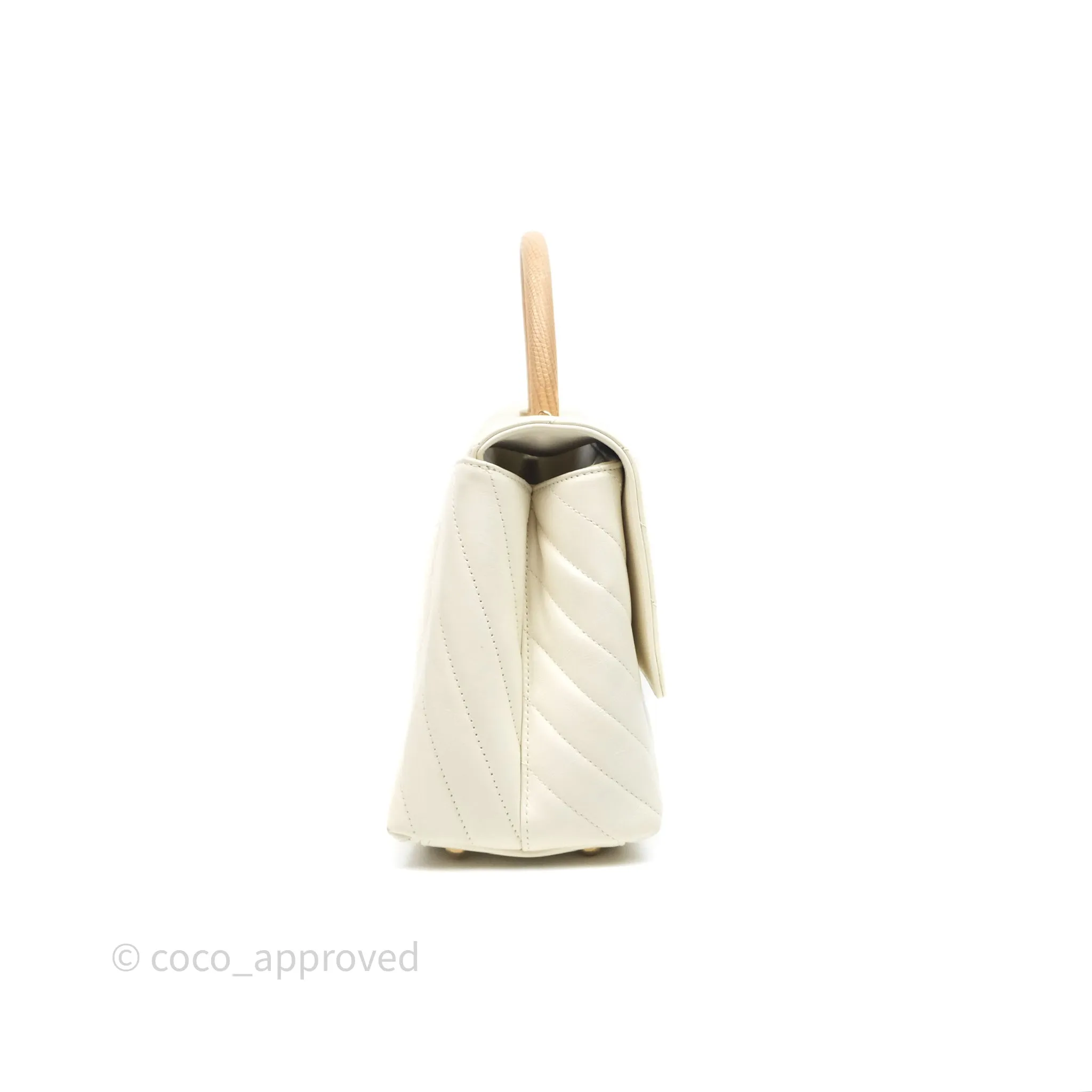 Chanel Medium Coco Handle Chevron Aged Calfskin Ivory Aged Gold Hardware Beige Lizard Handle