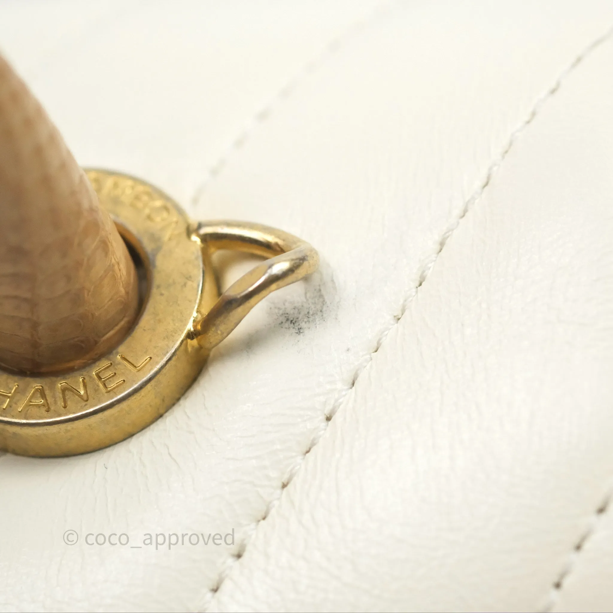 Chanel Medium Coco Handle Chevron Aged Calfskin Ivory Aged Gold Hardware Beige Lizard Handle