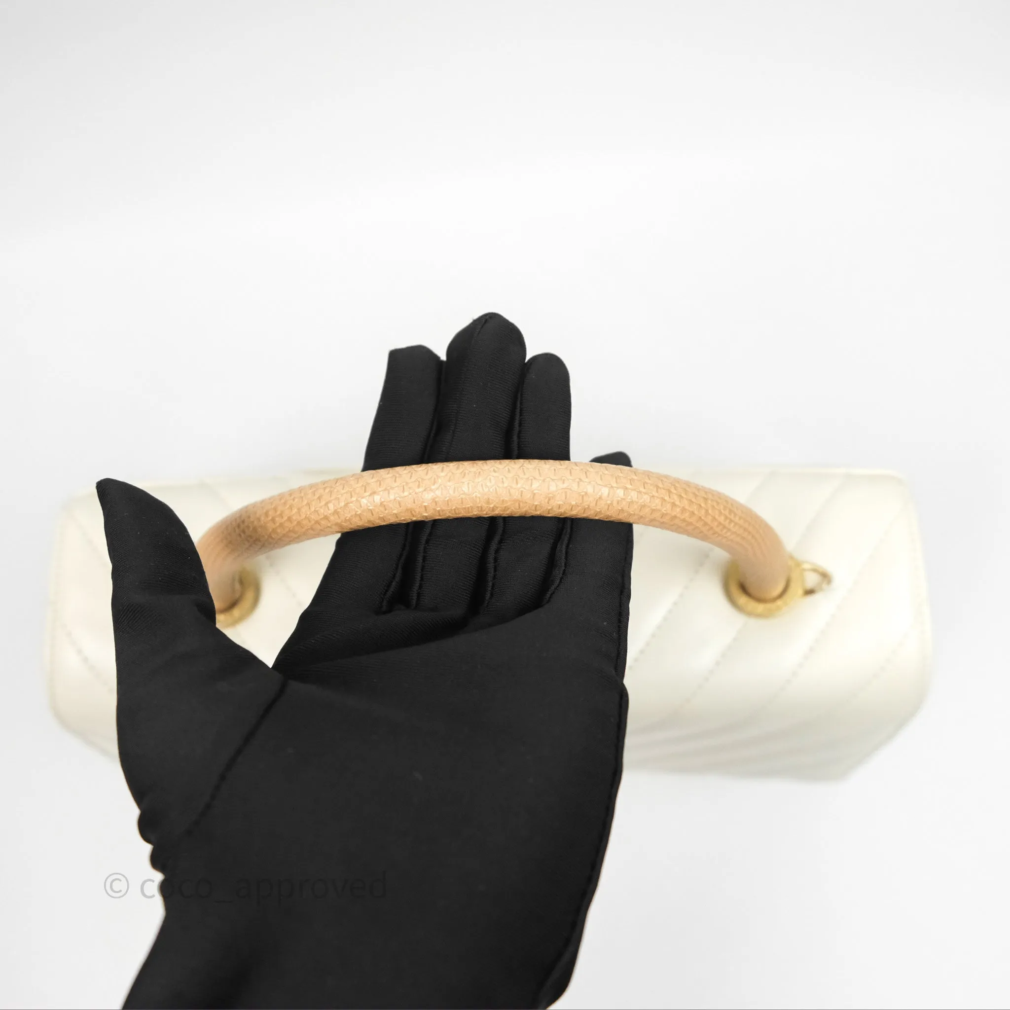 Chanel Medium Coco Handle Chevron Aged Calfskin Ivory Aged Gold Hardware Beige Lizard Handle