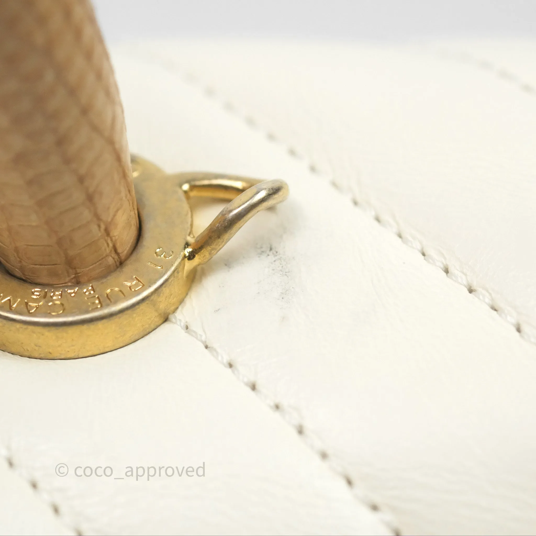 Chanel Medium Coco Handle Chevron Aged Calfskin Ivory Aged Gold Hardware Beige Lizard Handle