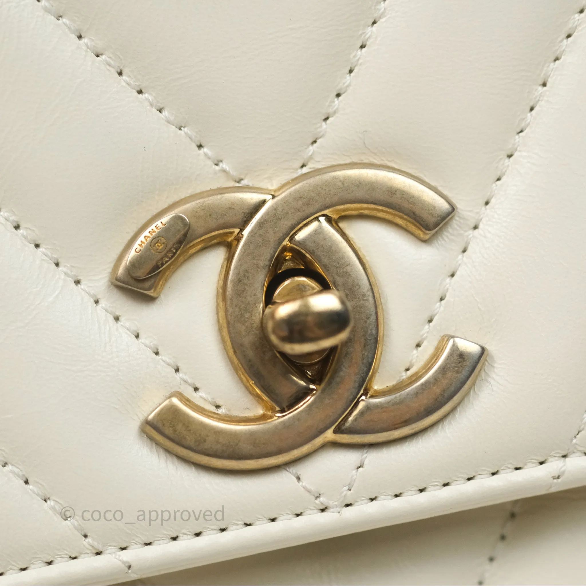 Chanel Medium Coco Handle Chevron Aged Calfskin Ivory Aged Gold Hardware Beige Lizard Handle