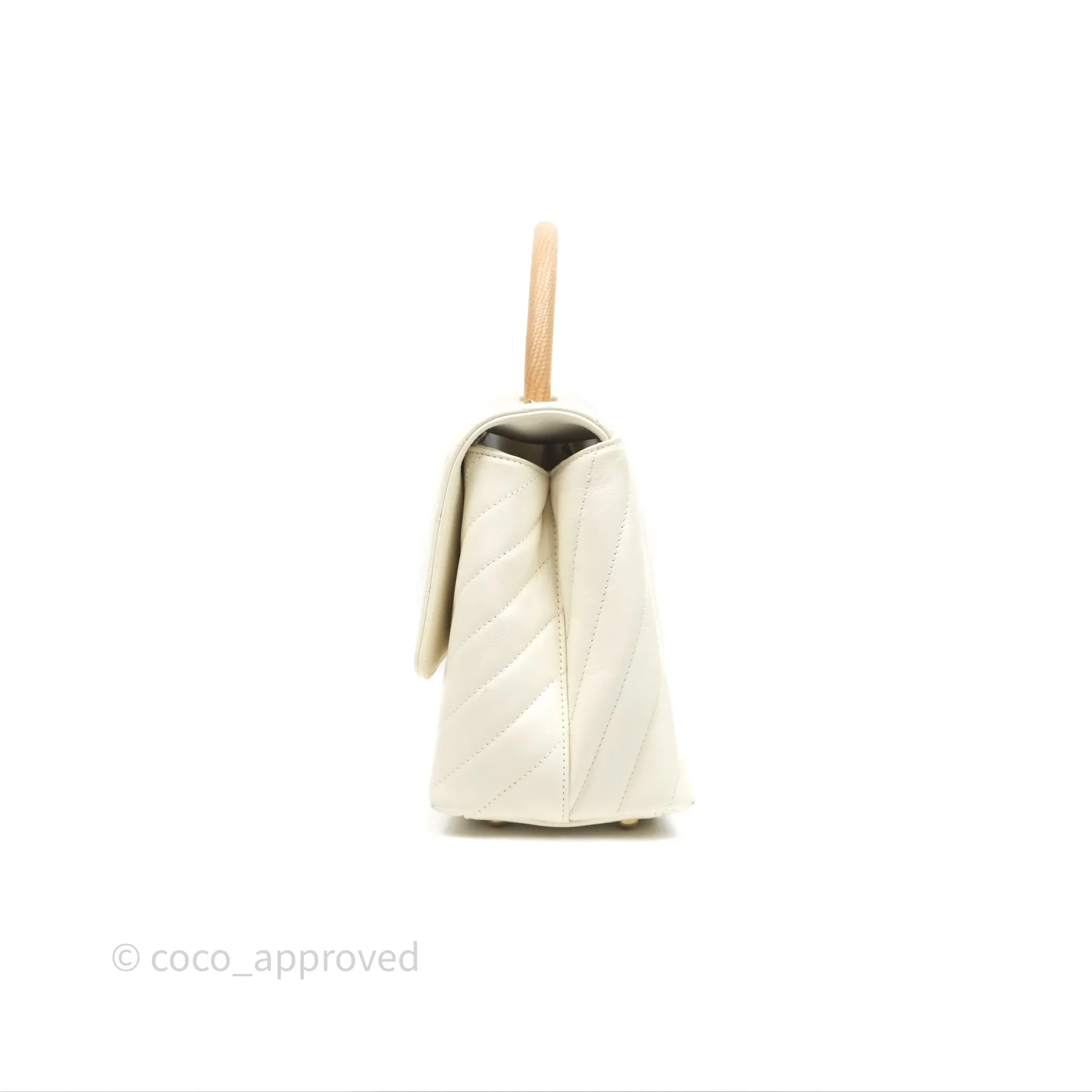 Chanel Medium Coco Handle Chevron Aged Calfskin Ivory Aged Gold Hardware Beige Lizard Handle