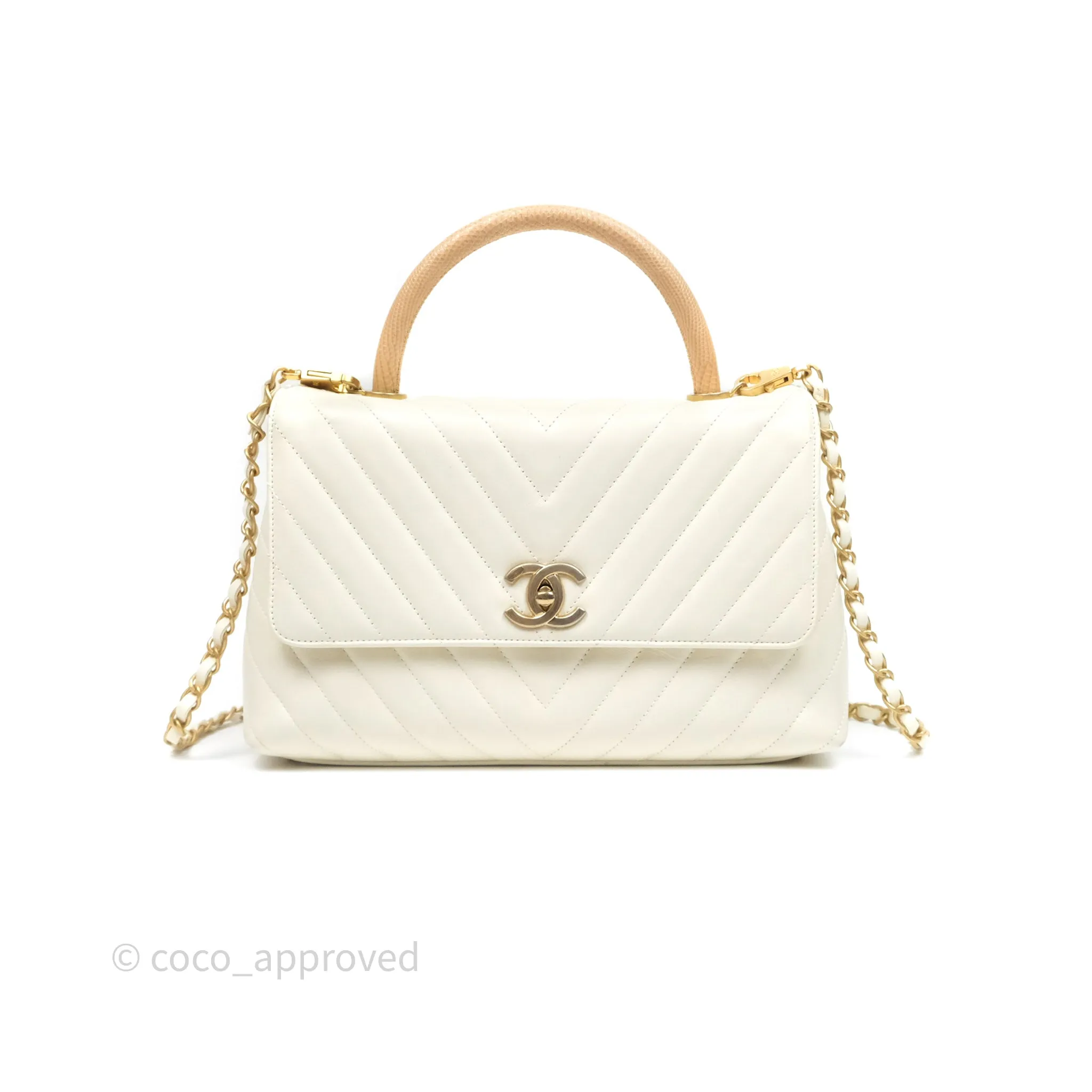 Chanel Medium Coco Handle Chevron Aged Calfskin Ivory Aged Gold Hardware Beige Lizard Handle
