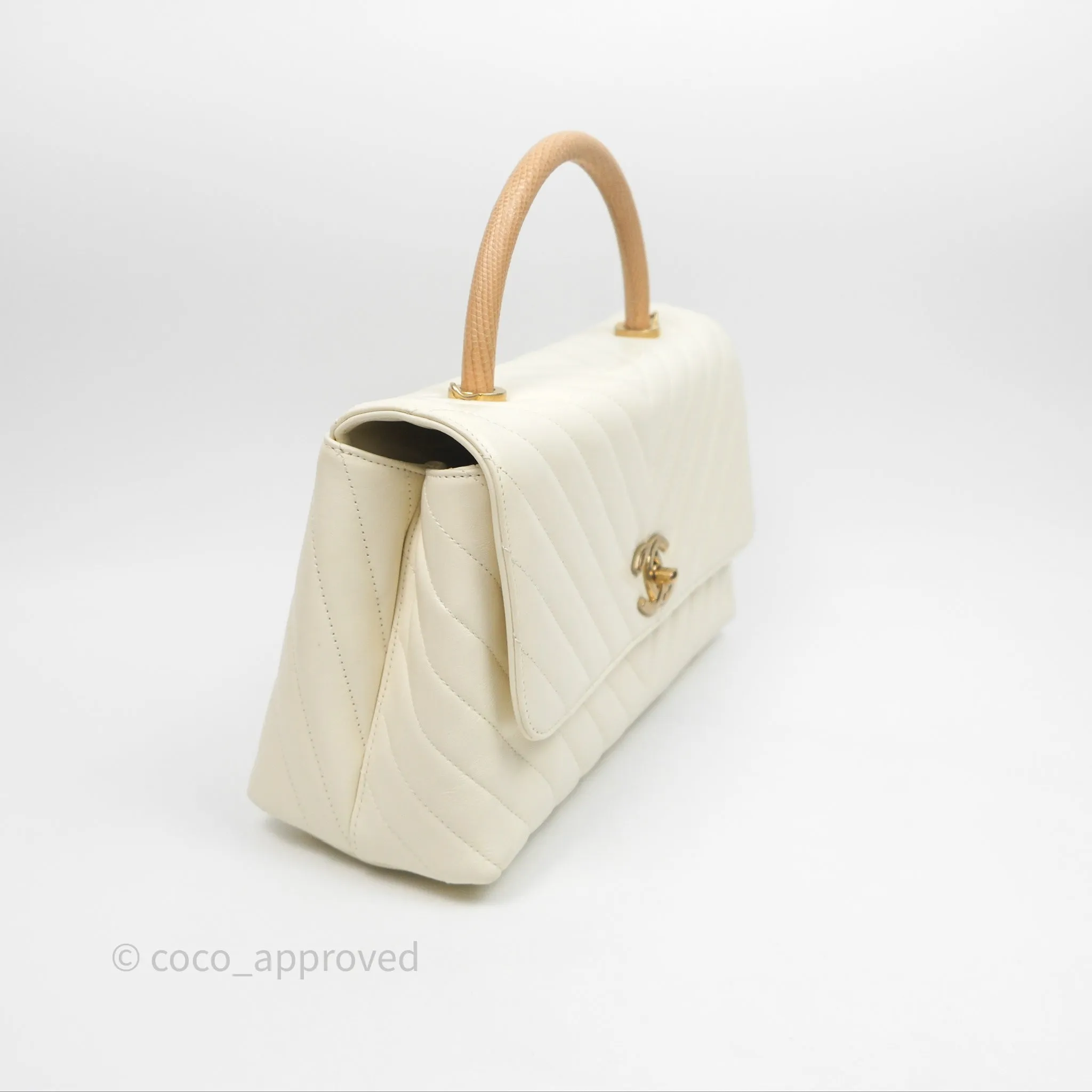 Chanel Medium Coco Handle Chevron Aged Calfskin Ivory Aged Gold Hardware Beige Lizard Handle