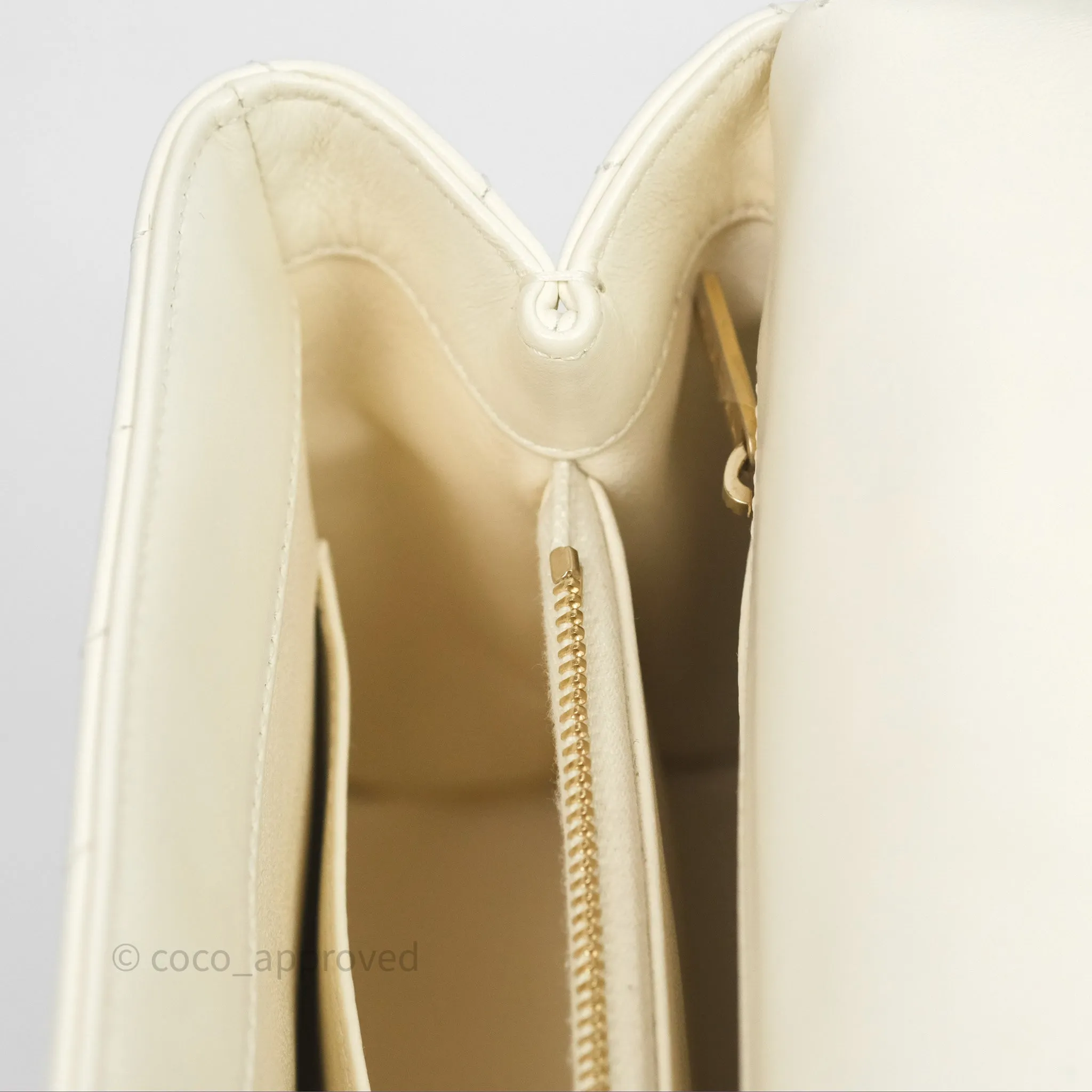 Chanel Medium Coco Handle Chevron Aged Calfskin Ivory Aged Gold Hardware Beige Lizard Handle
