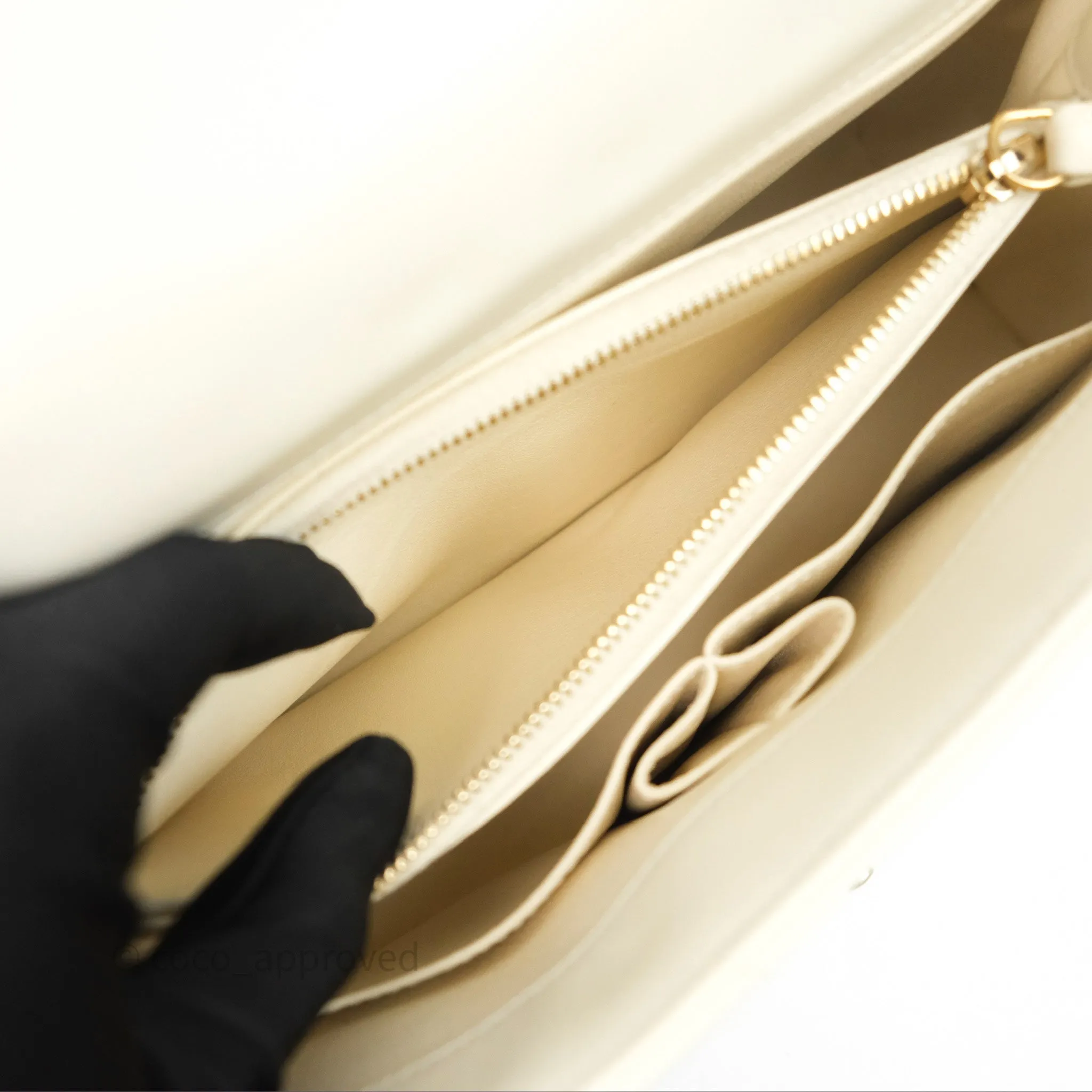 Chanel Medium Coco Handle Chevron Aged Calfskin Ivory Aged Gold Hardware Beige Lizard Handle