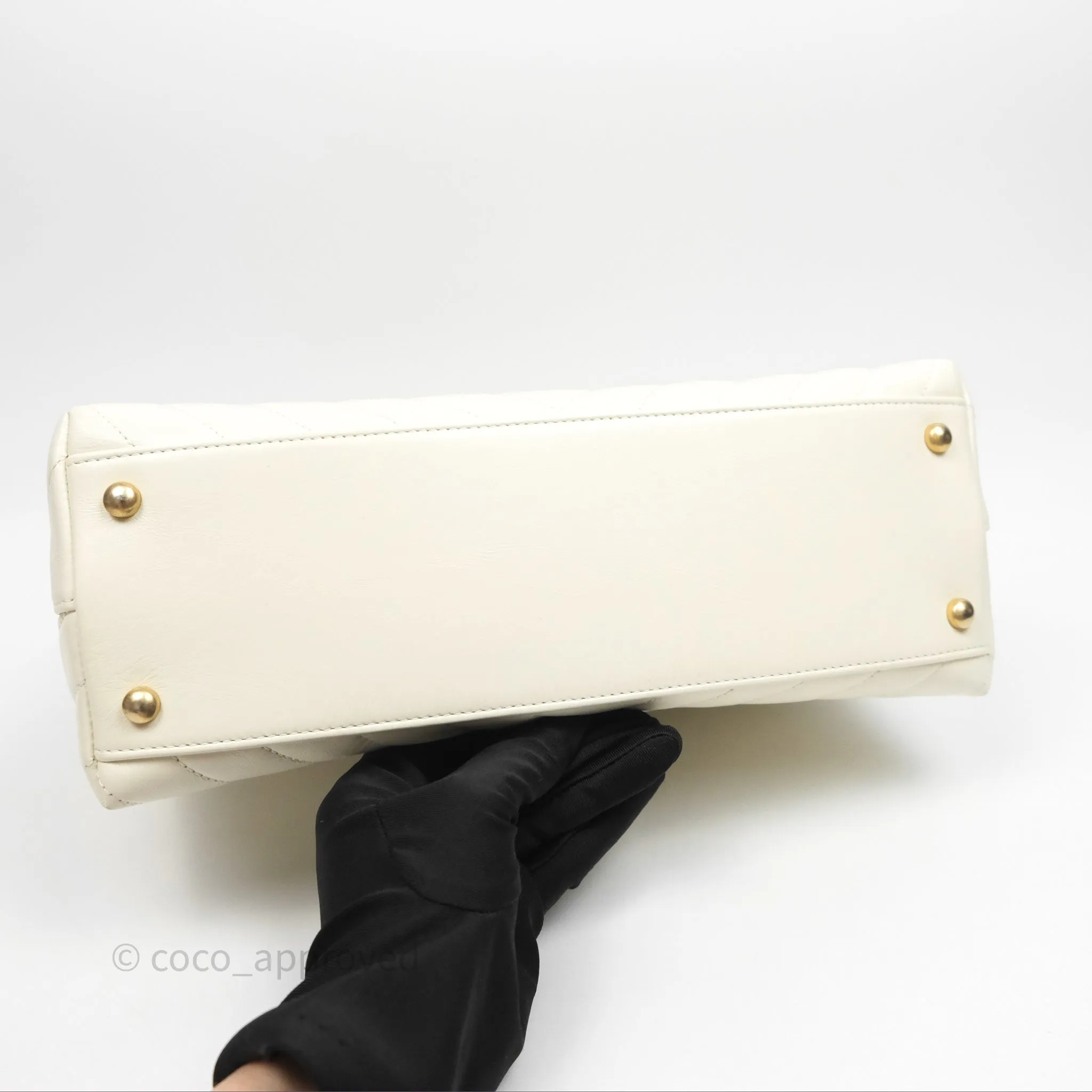 Chanel Medium Coco Handle Chevron Aged Calfskin Ivory Aged Gold Hardware Beige Lizard Handle