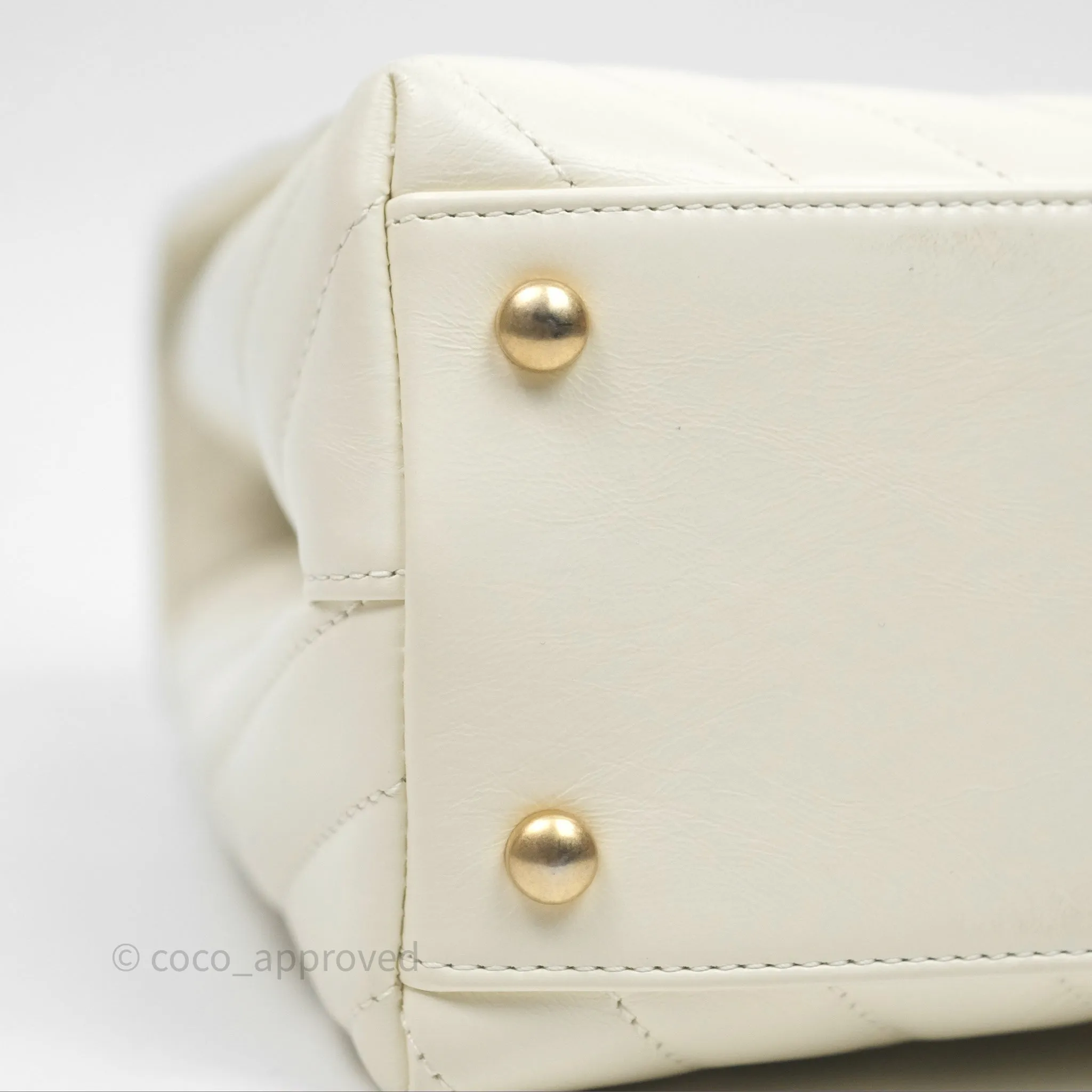 Chanel Medium Coco Handle Chevron Aged Calfskin Ivory Aged Gold Hardware Beige Lizard Handle