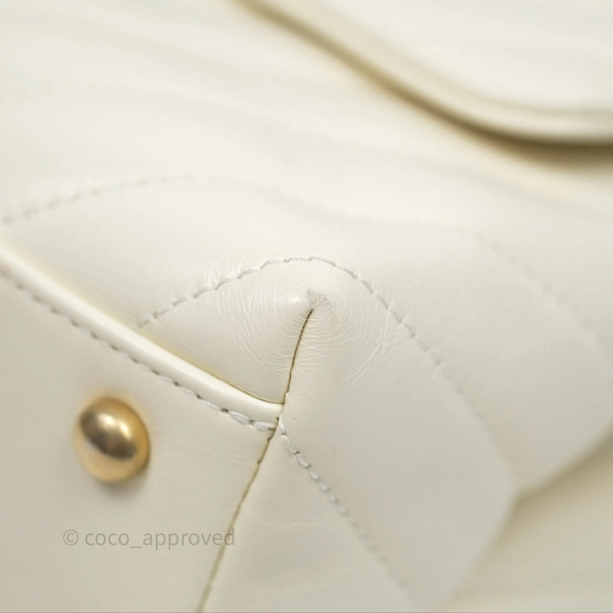 Chanel Medium Coco Handle Chevron Aged Calfskin Ivory Aged Gold Hardware Beige Lizard Handle