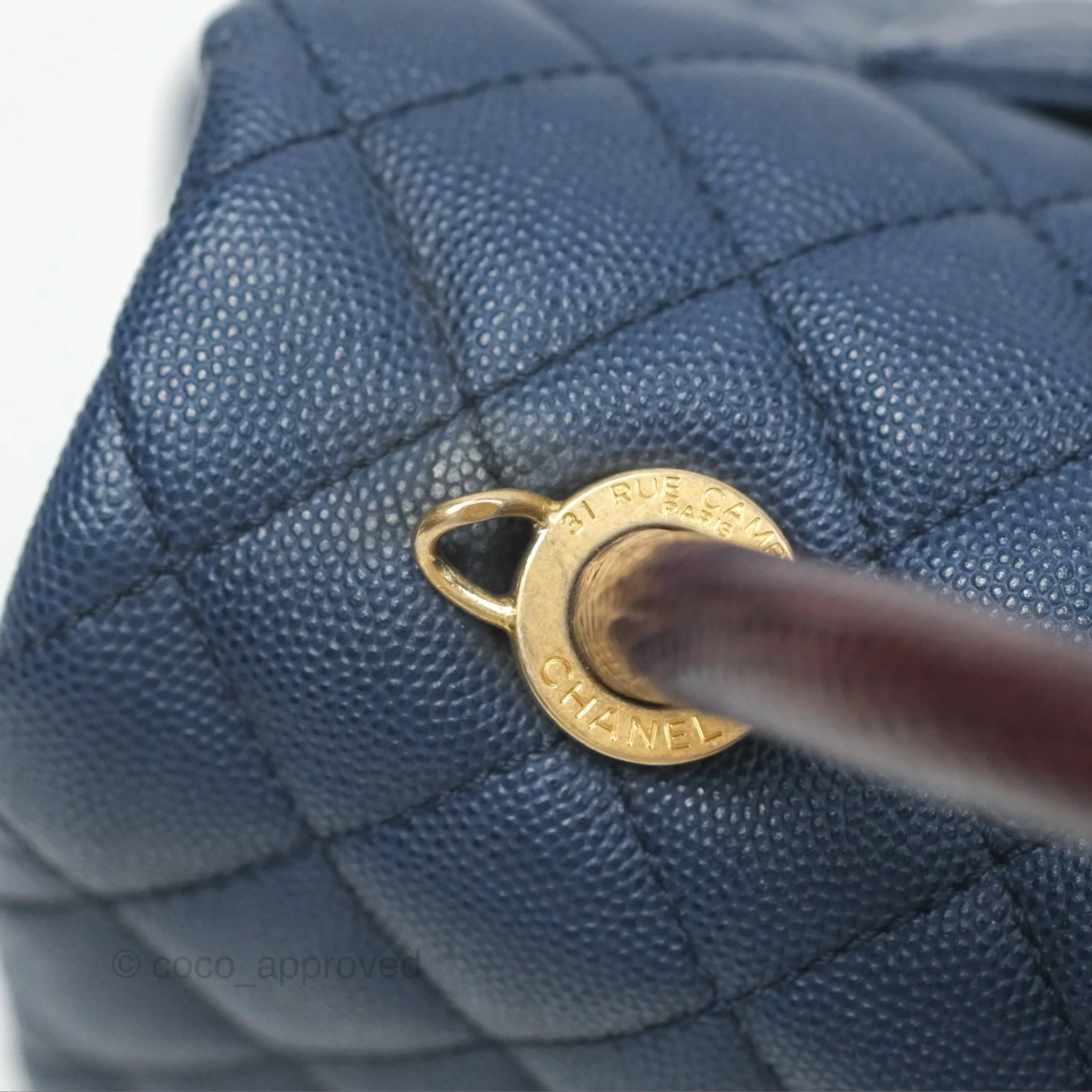 Chanel Medium Coco Handle Quilted Navy Caviar Lizard Handle Aged Gold Hardware