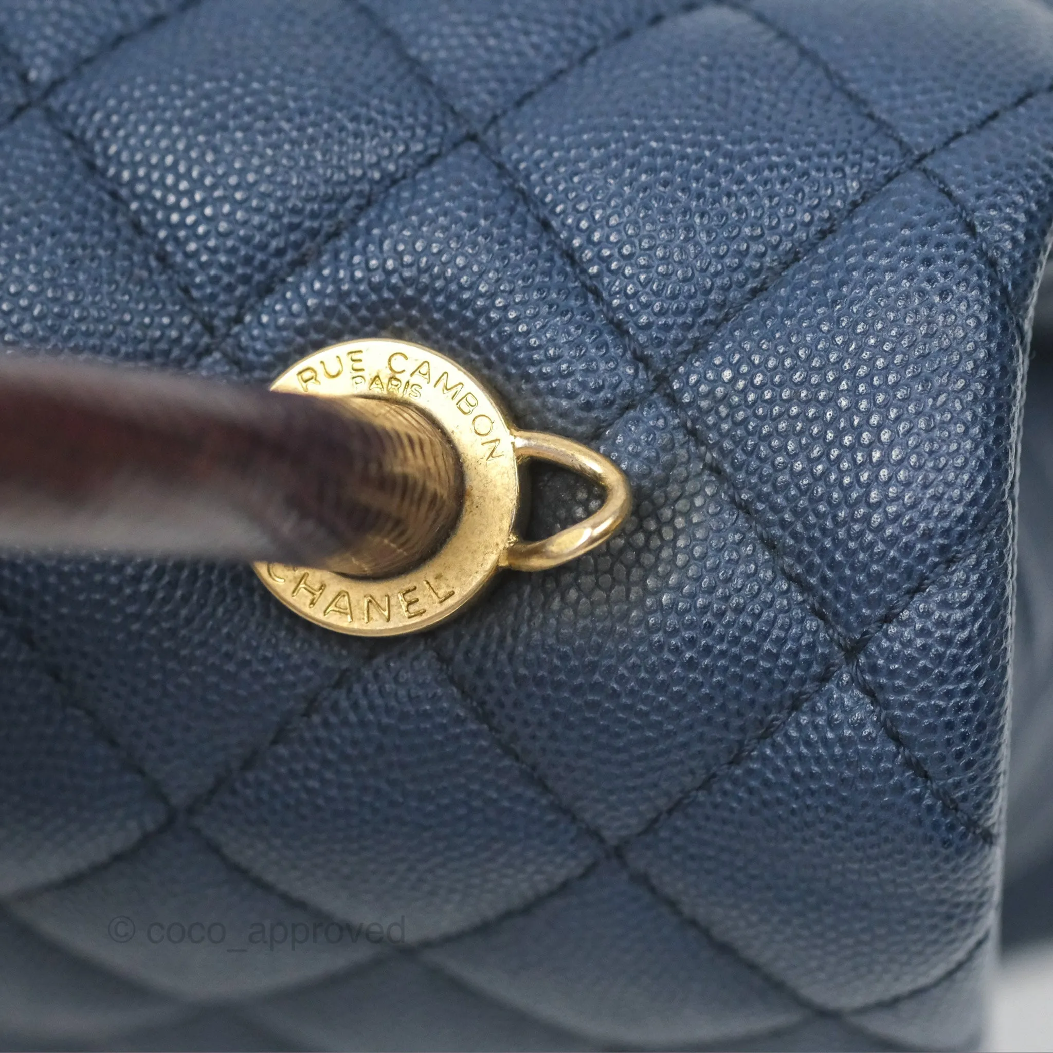 Chanel Medium Coco Handle Quilted Navy Caviar Lizard Handle Aged Gold Hardware