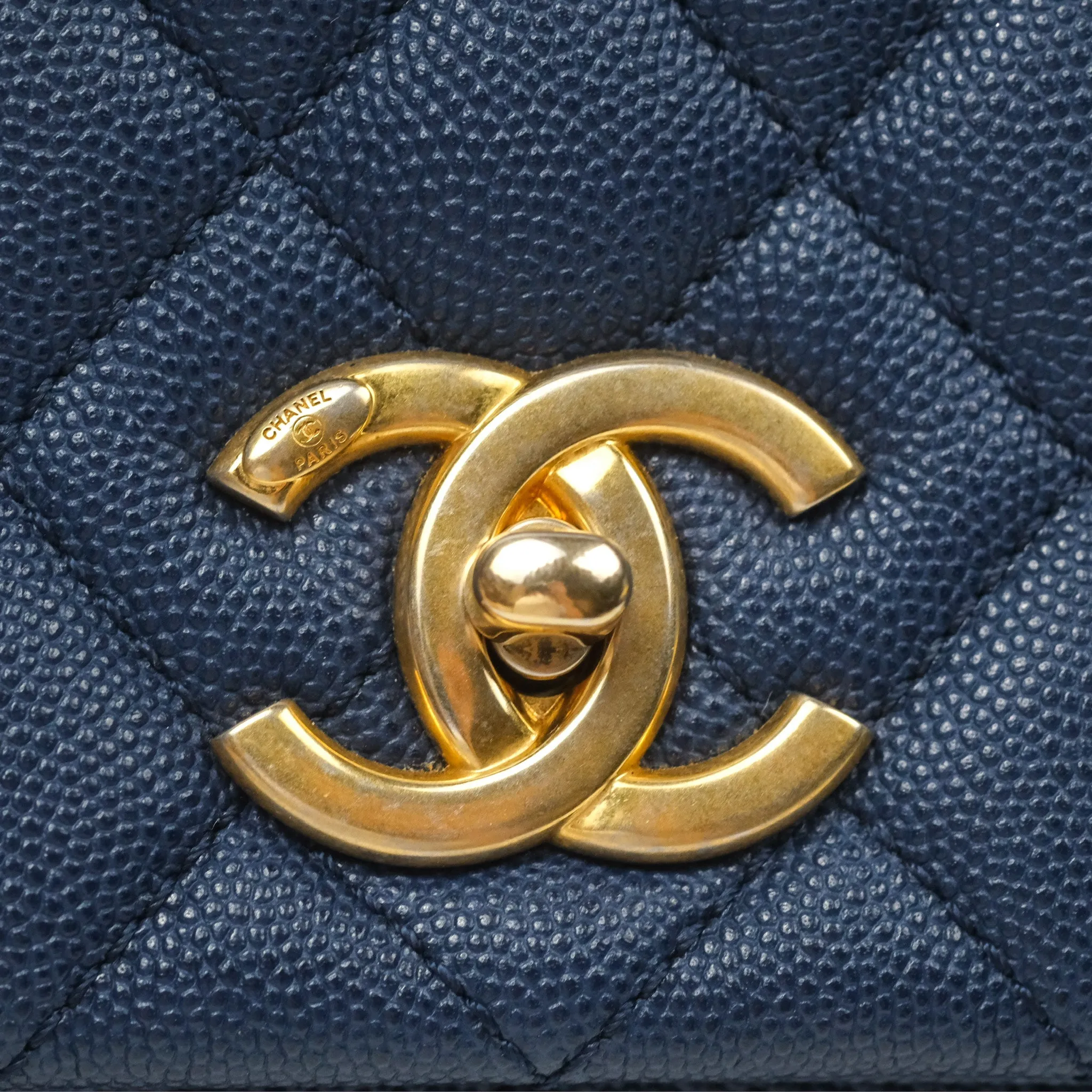 Chanel Medium Coco Handle Quilted Navy Caviar Lizard Handle Aged Gold Hardware
