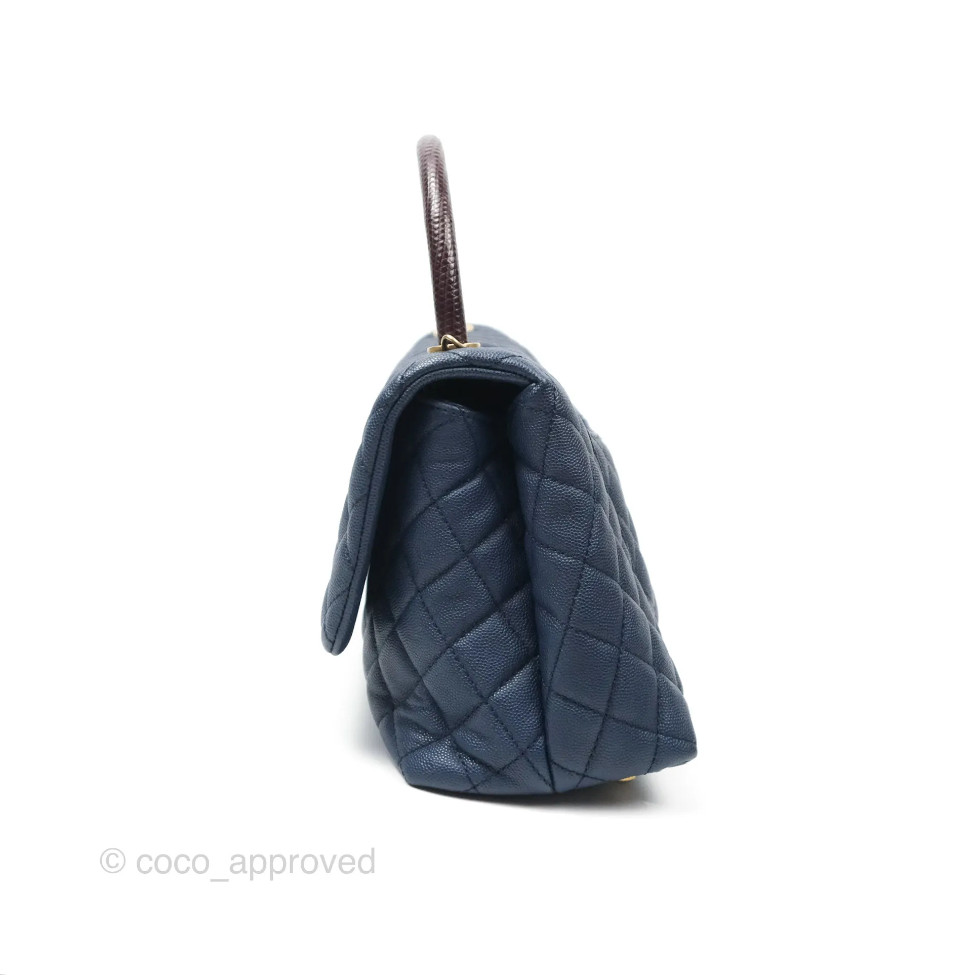 Chanel Medium Coco Handle Quilted Navy Caviar Lizard Handle Aged Gold Hardware