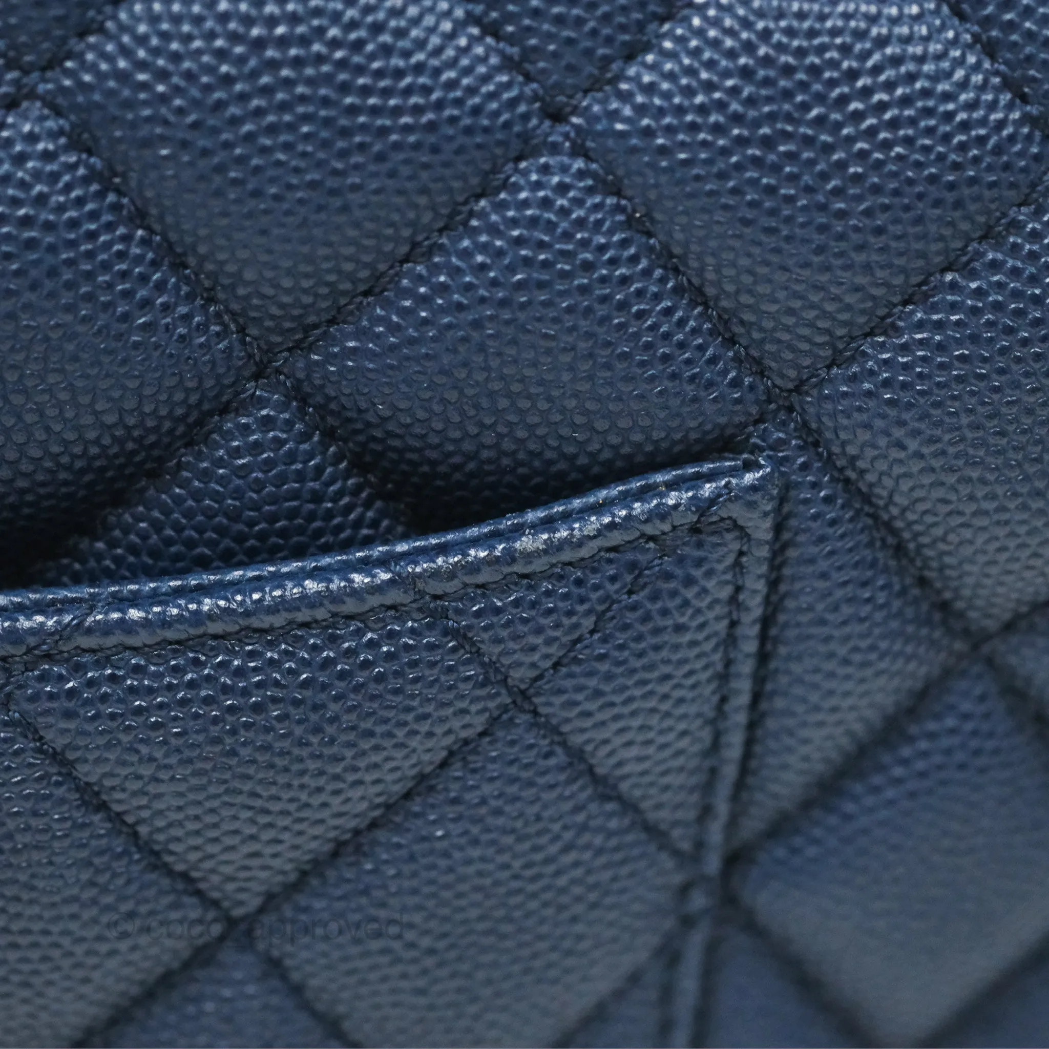 Chanel Medium Coco Handle Quilted Navy Caviar Lizard Handle Aged Gold Hardware