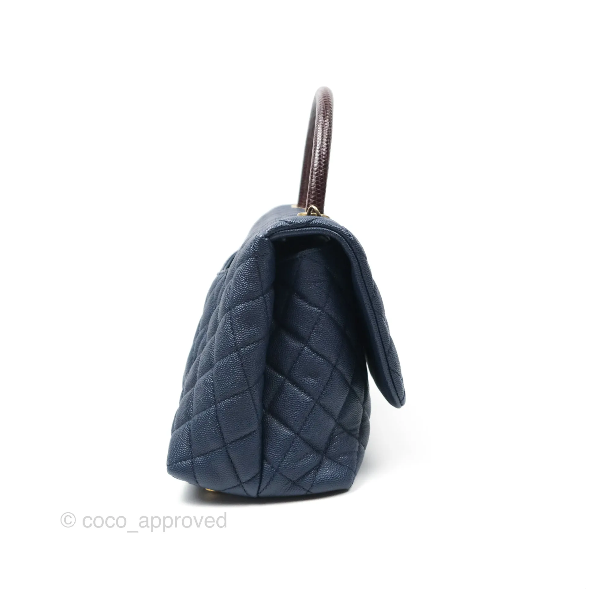 Chanel Medium Coco Handle Quilted Navy Caviar Lizard Handle Aged Gold Hardware