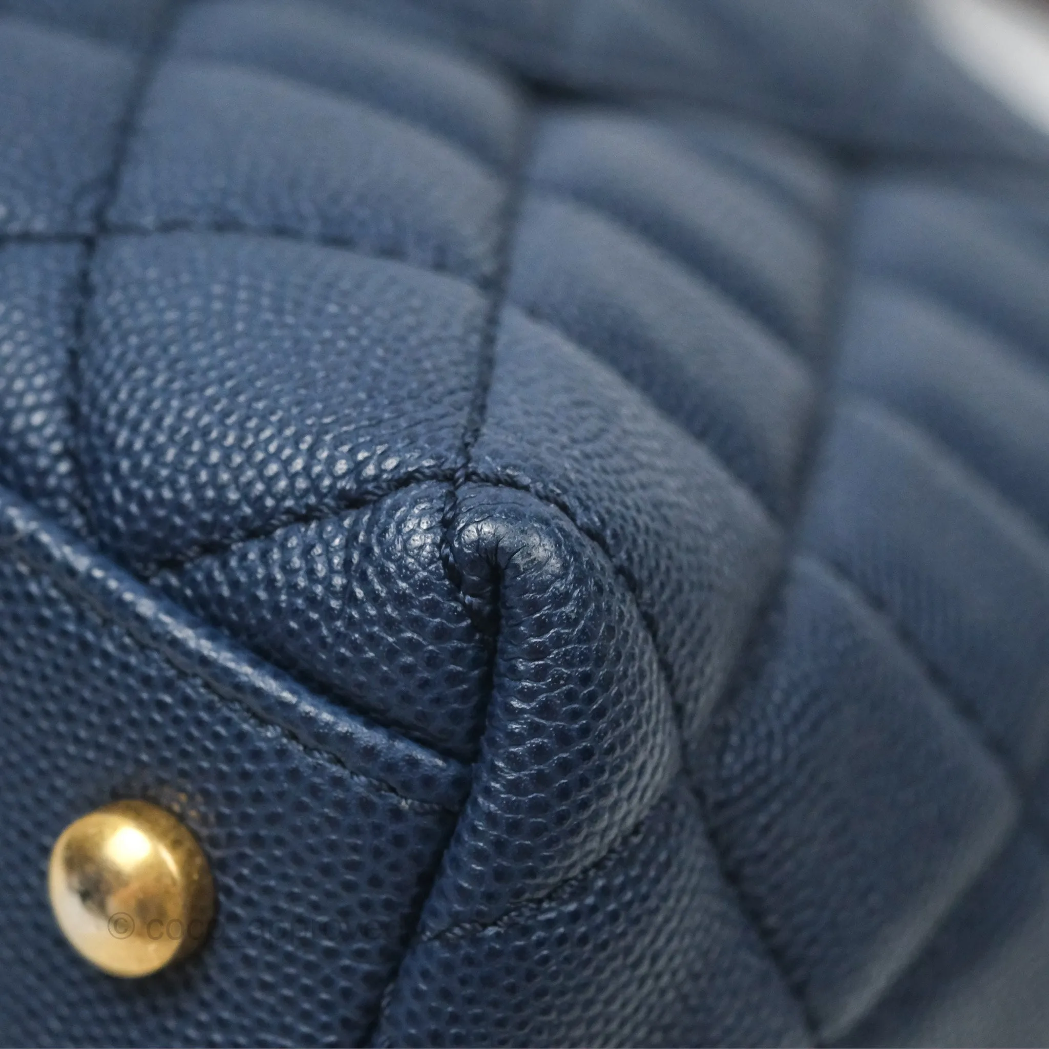 Chanel Medium Coco Handle Quilted Navy Caviar Lizard Handle Aged Gold Hardware