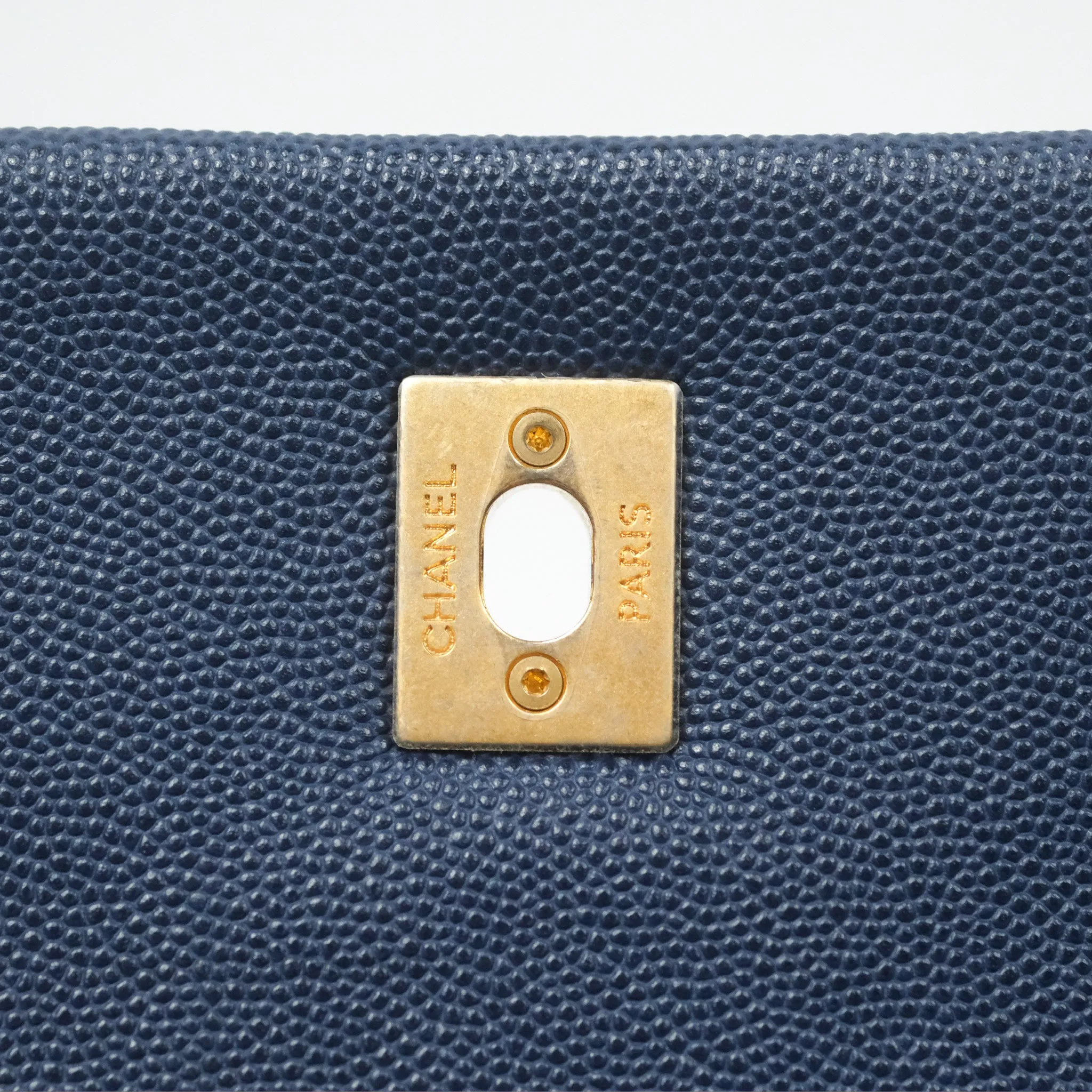 Chanel Medium Coco Handle Quilted Navy Caviar Lizard Handle Aged Gold Hardware