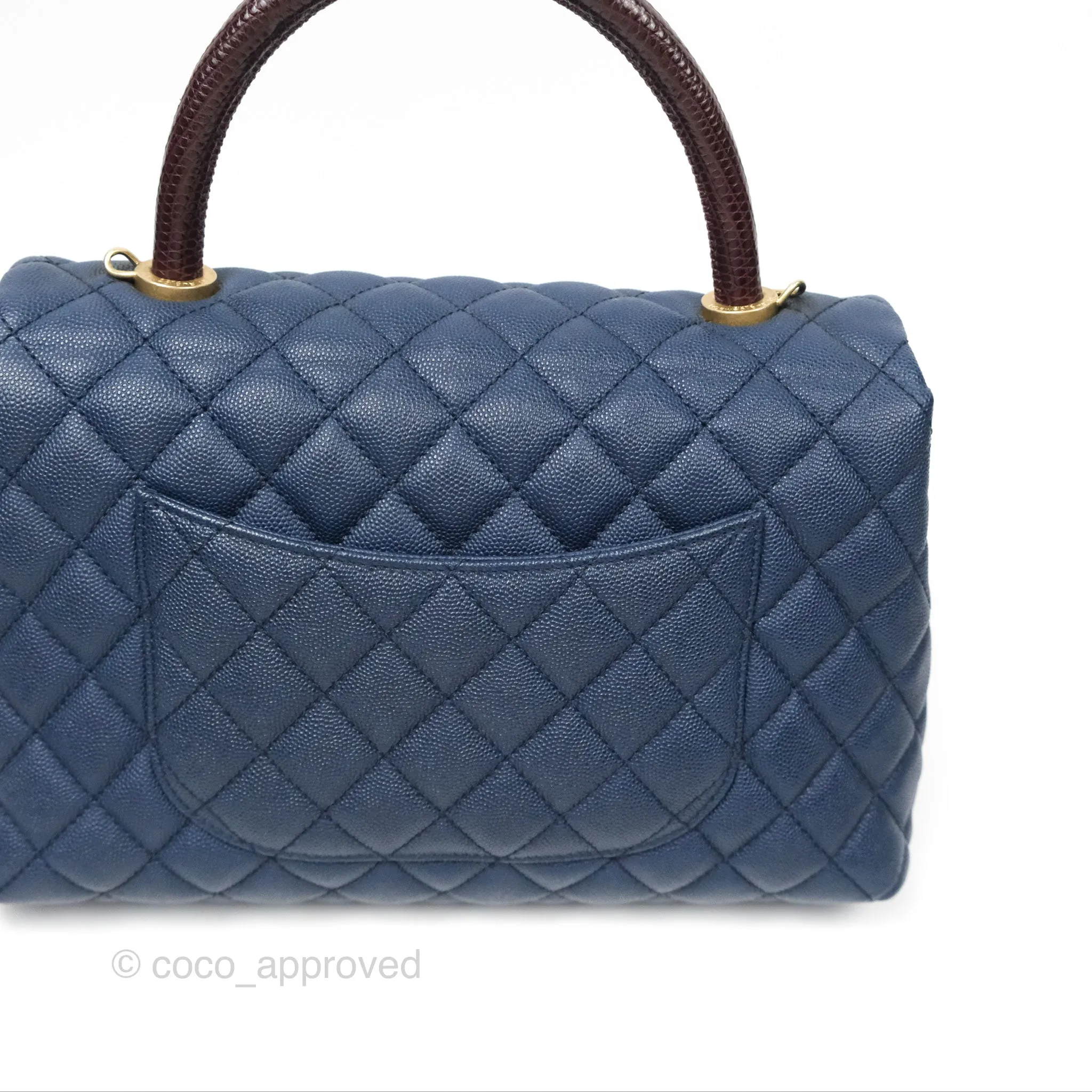 Chanel Medium Coco Handle Quilted Navy Caviar Lizard Handle Aged Gold Hardware