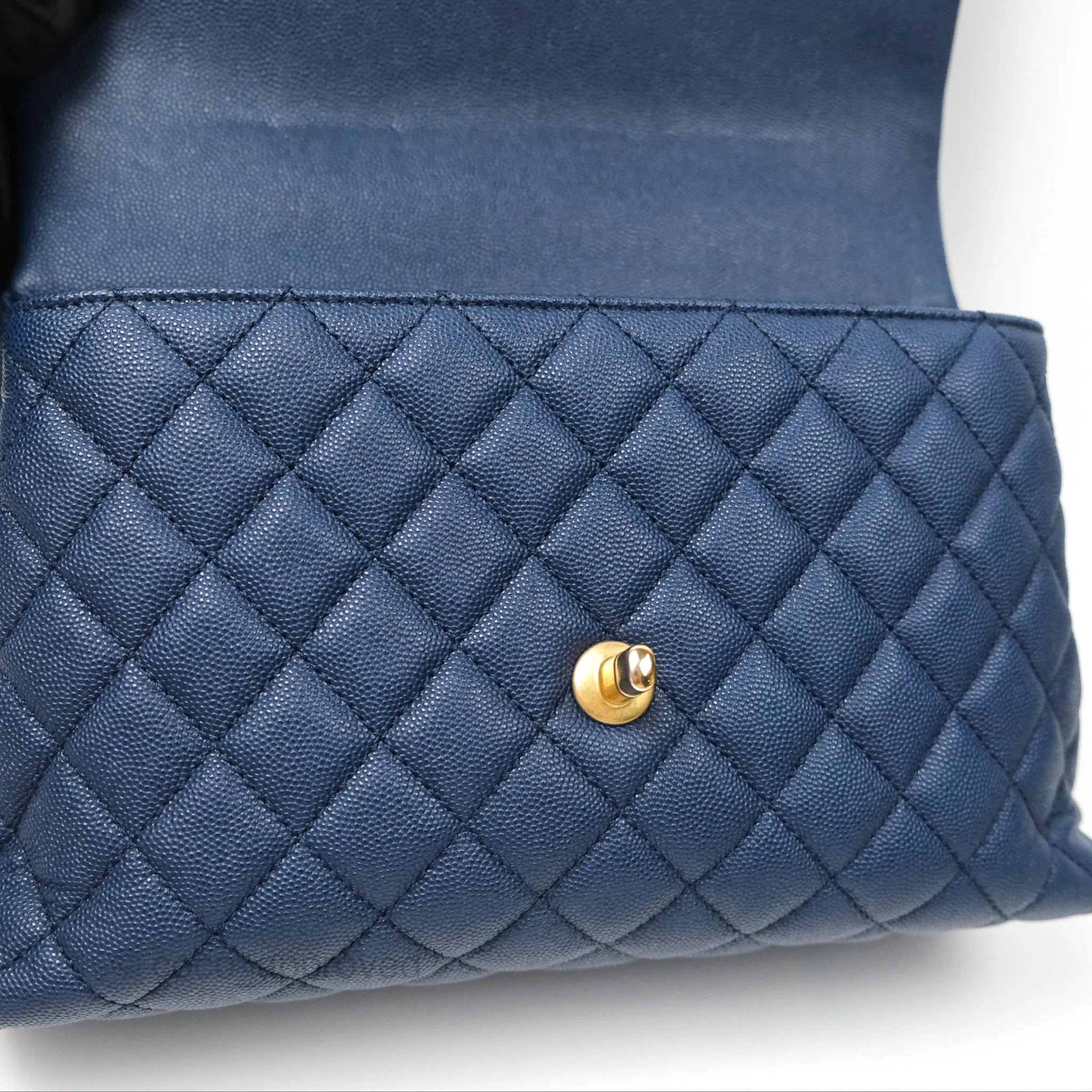 Chanel Medium Coco Handle Quilted Navy Caviar Lizard Handle Aged Gold Hardware