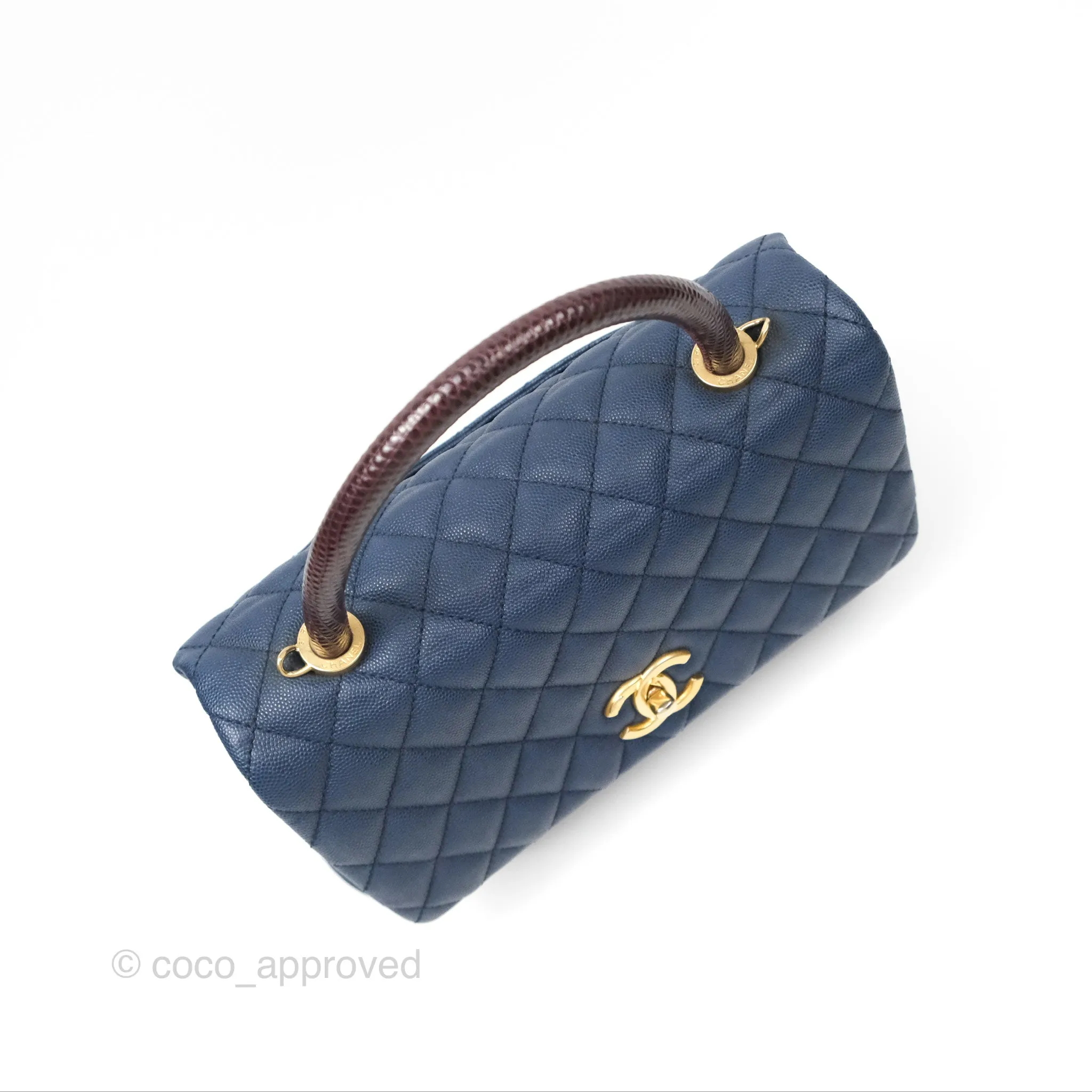 Chanel Medium Coco Handle Quilted Navy Caviar Lizard Handle Aged Gold Hardware