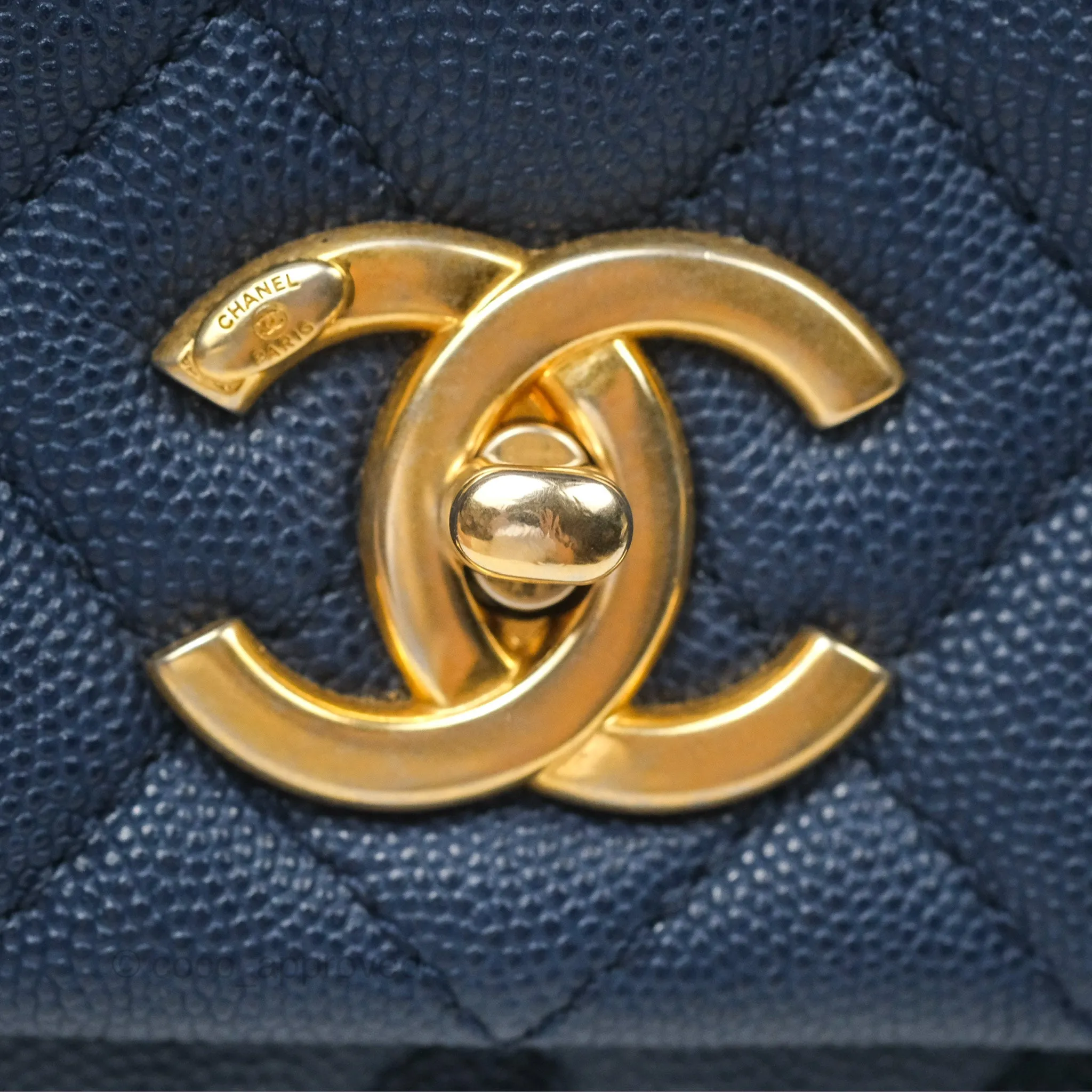 Chanel Medium Coco Handle Quilted Navy Caviar Lizard Handle Aged Gold Hardware