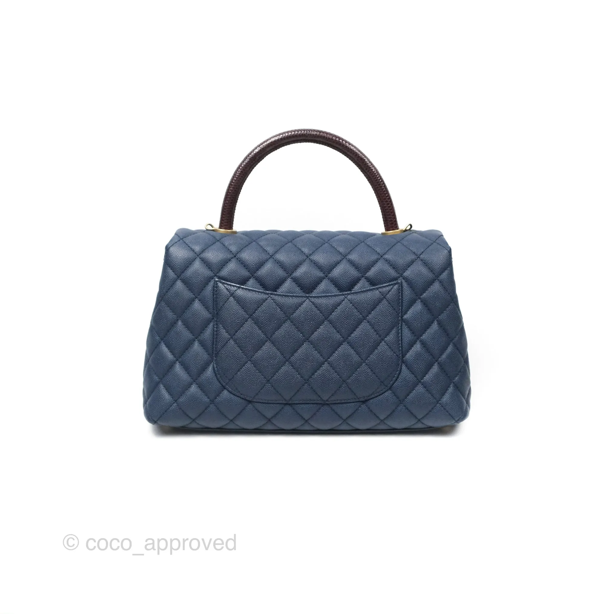 Chanel Medium Coco Handle Quilted Navy Caviar Lizard Handle Aged Gold Hardware
