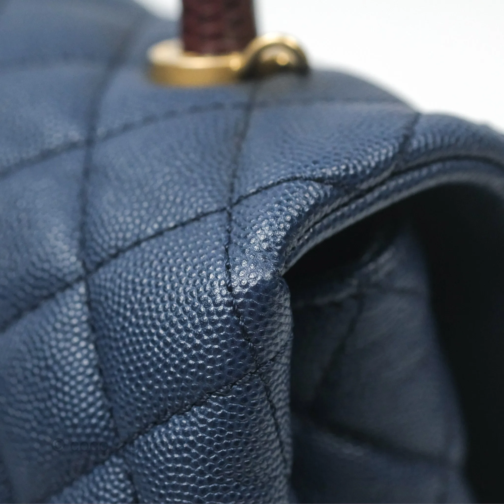 Chanel Medium Coco Handle Quilted Navy Caviar Lizard Handle Aged Gold Hardware