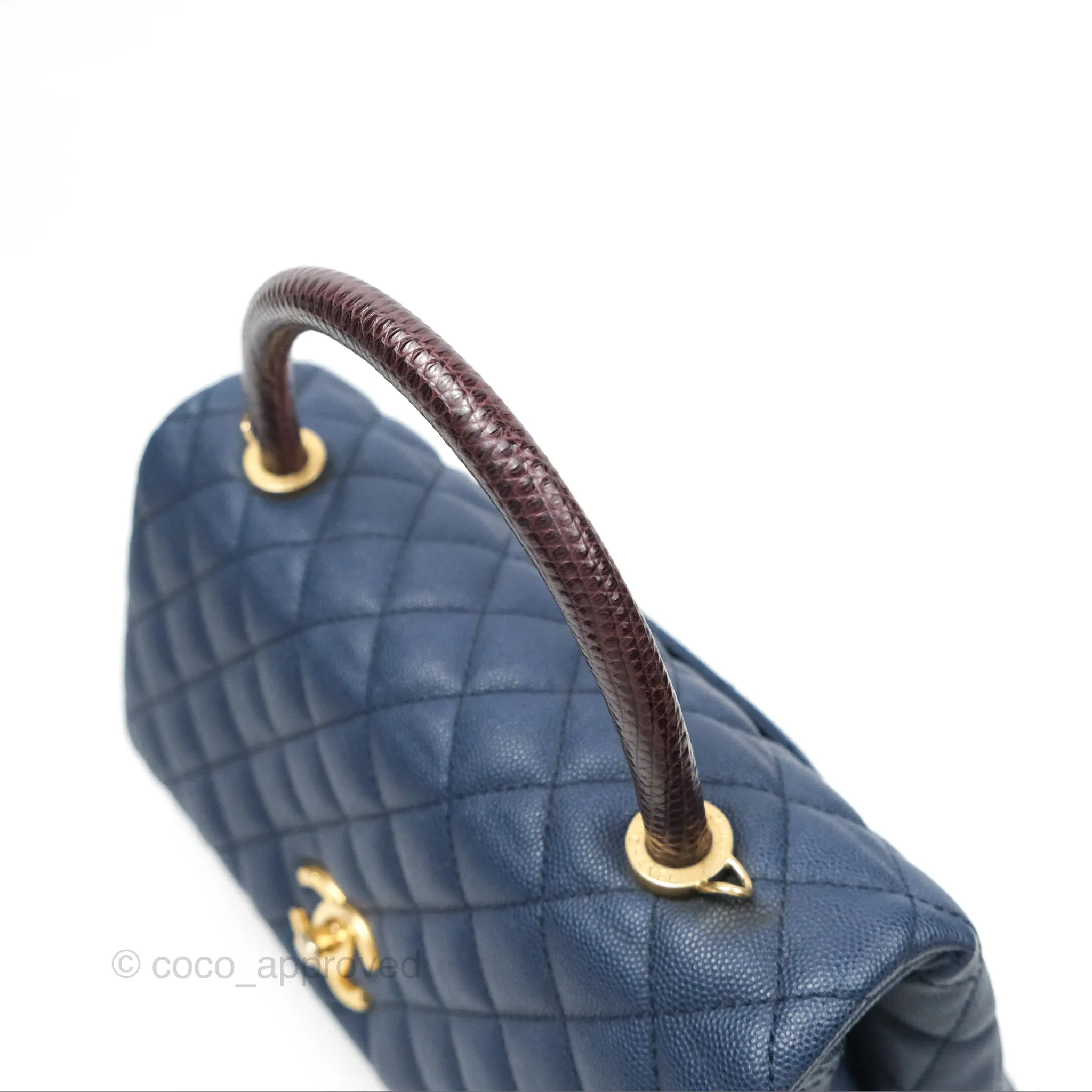 Chanel Medium Coco Handle Quilted Navy Caviar Lizard Handle Aged Gold Hardware