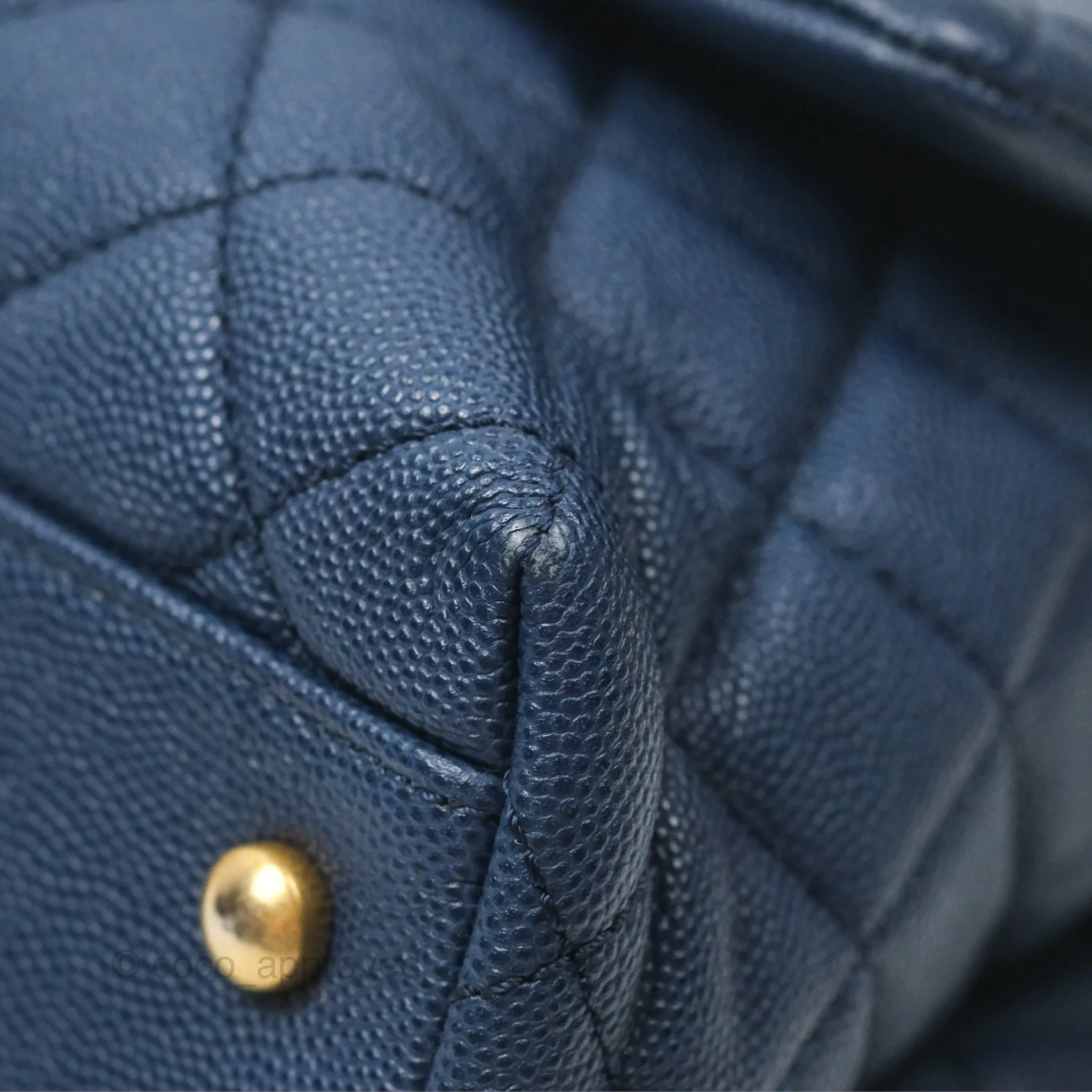 Chanel Medium Coco Handle Quilted Navy Caviar Lizard Handle Aged Gold Hardware