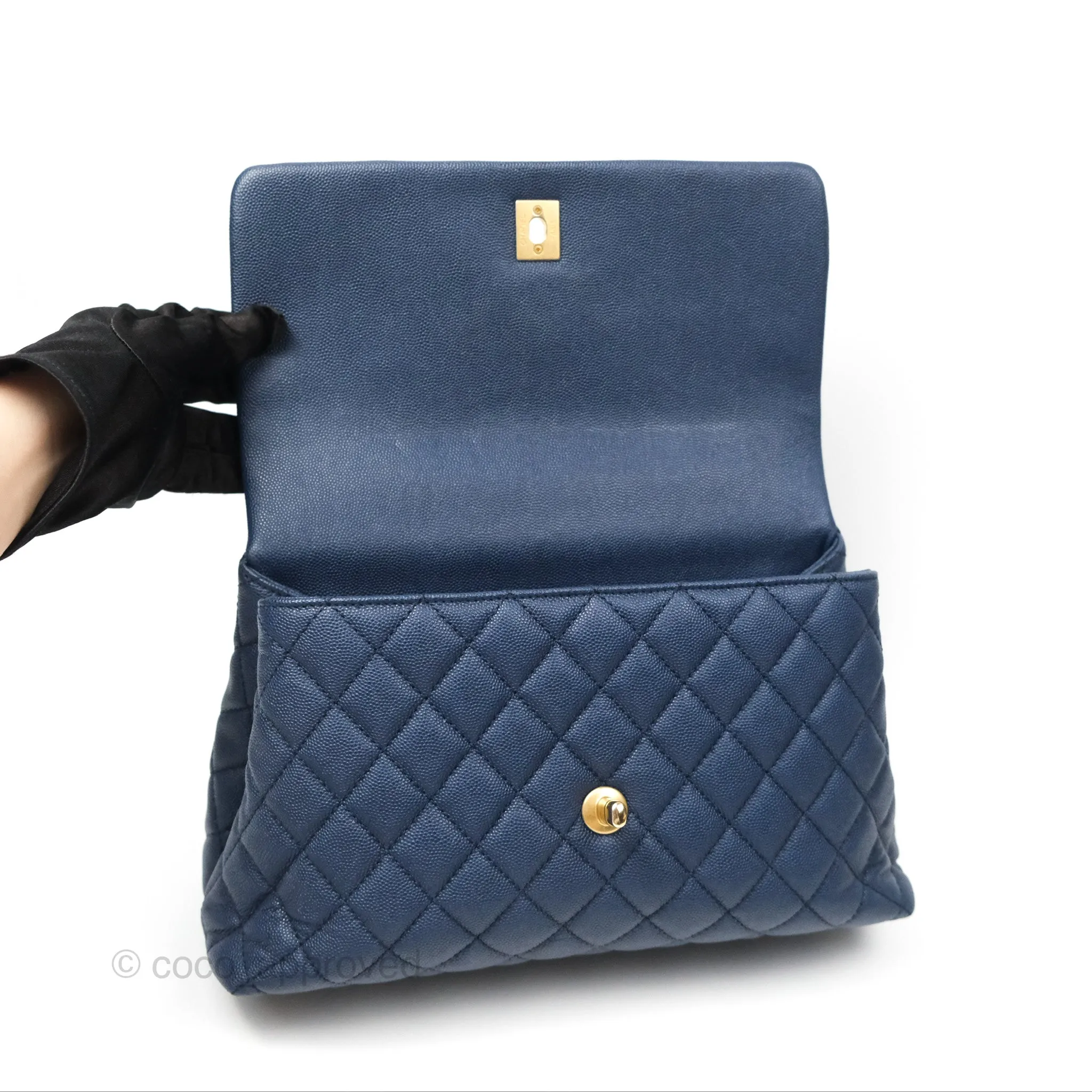 Chanel Medium Coco Handle Quilted Navy Caviar Lizard Handle Aged Gold Hardware