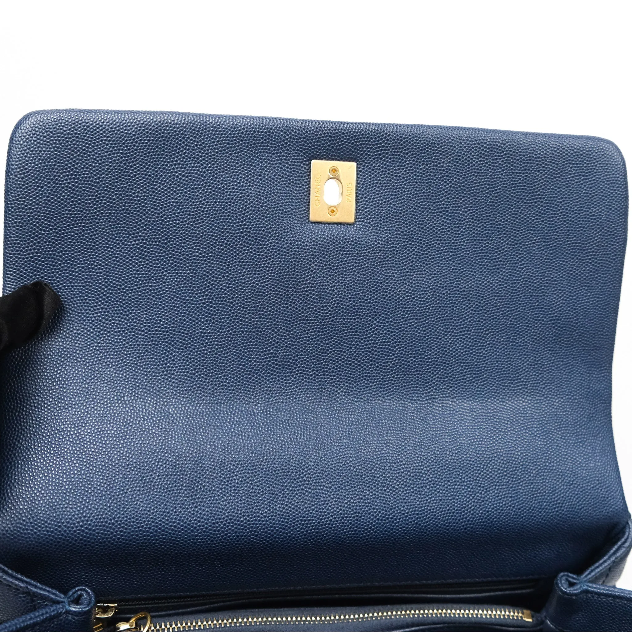 Chanel Medium Coco Handle Quilted Navy Caviar Lizard Handle Aged Gold Hardware