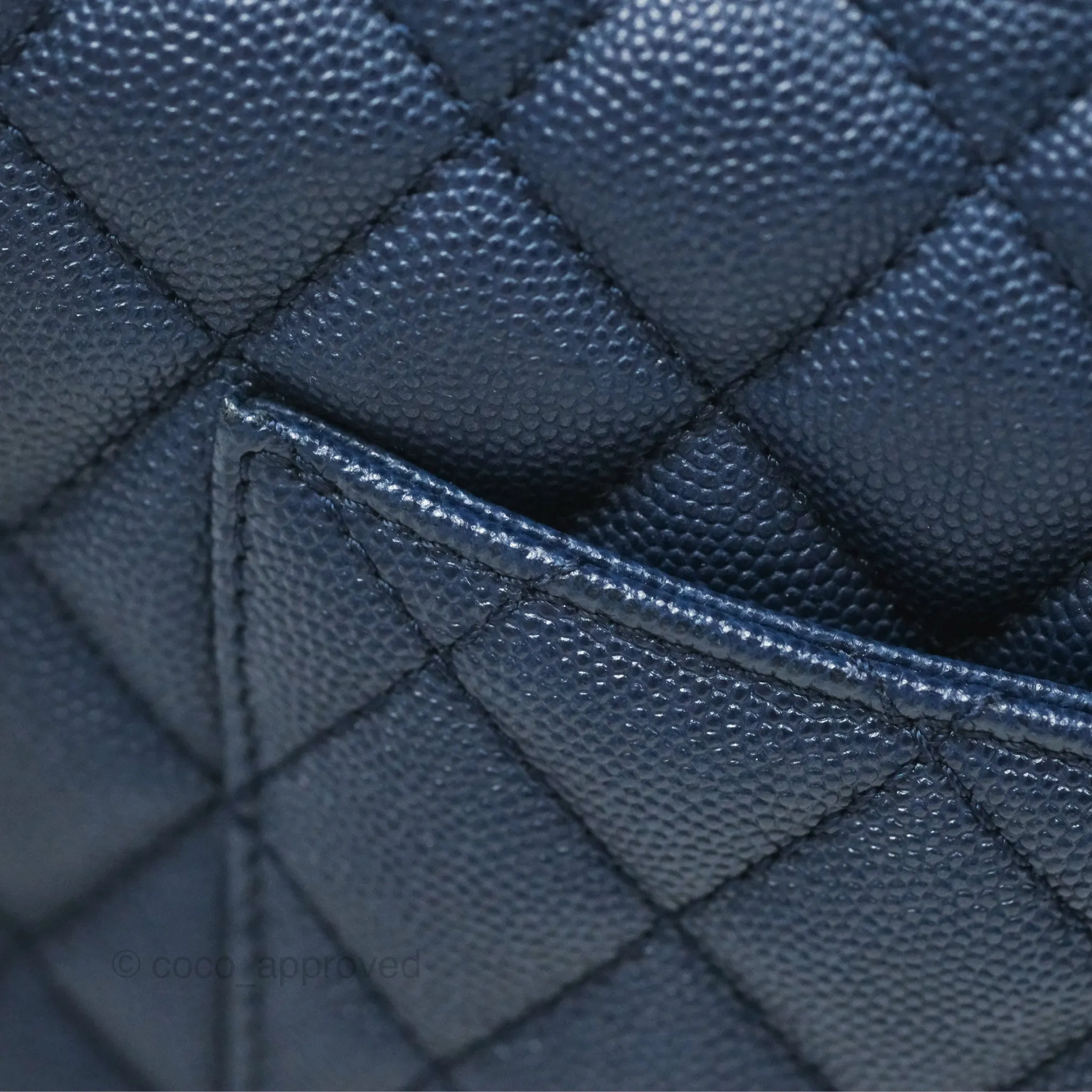 Chanel Medium Coco Handle Quilted Navy Caviar Lizard Handle Aged Gold Hardware