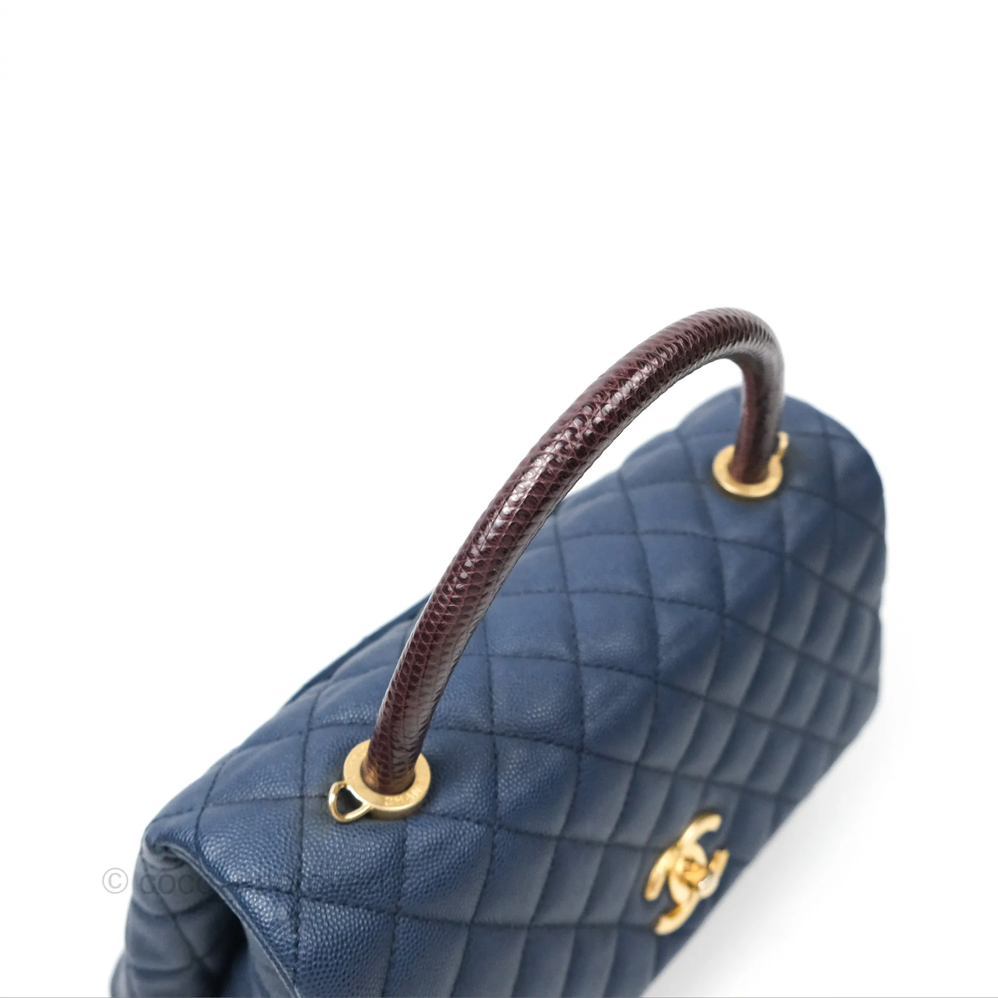 Chanel Medium Coco Handle Quilted Navy Caviar Lizard Handle Aged Gold Hardware