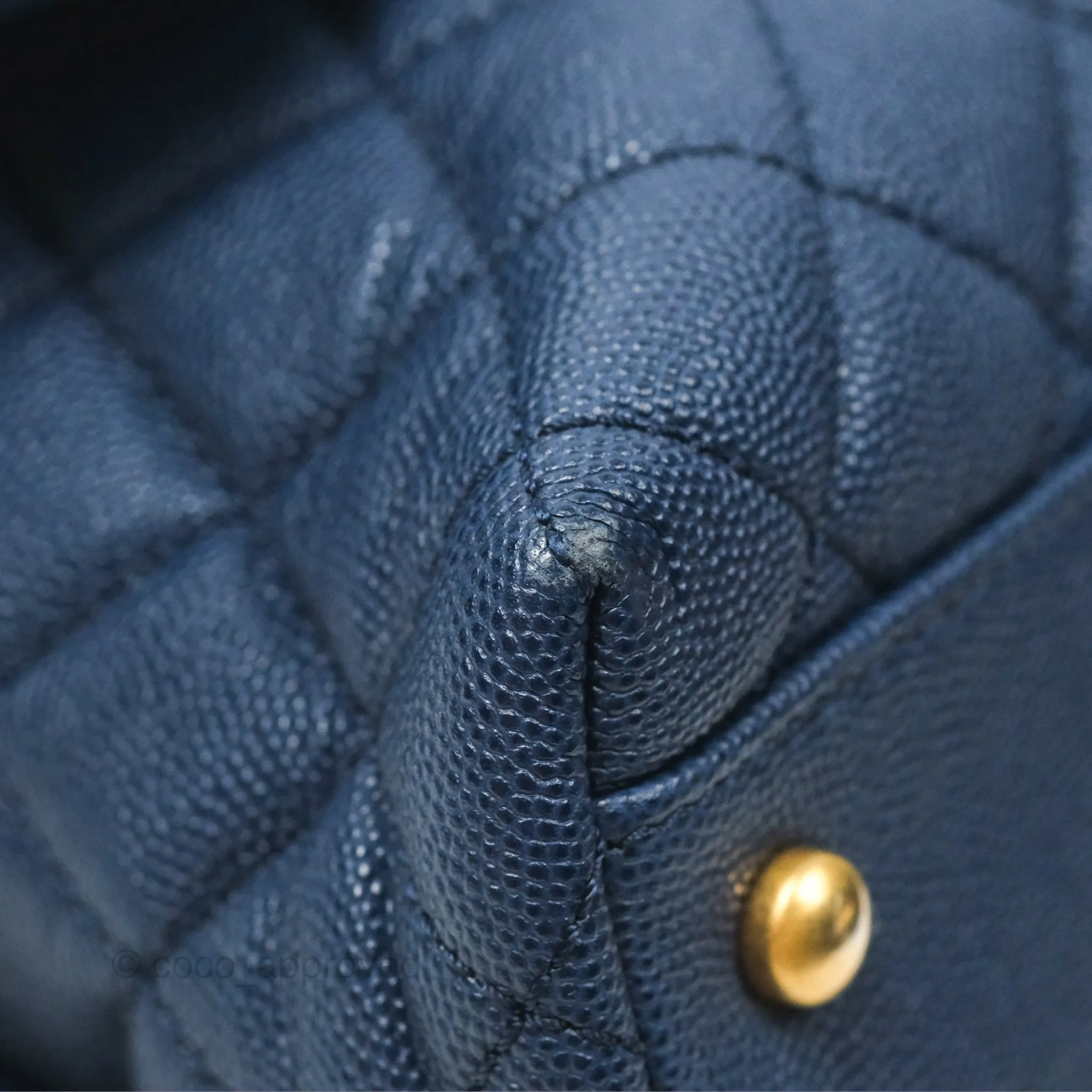 Chanel Medium Coco Handle Quilted Navy Caviar Lizard Handle Aged Gold Hardware