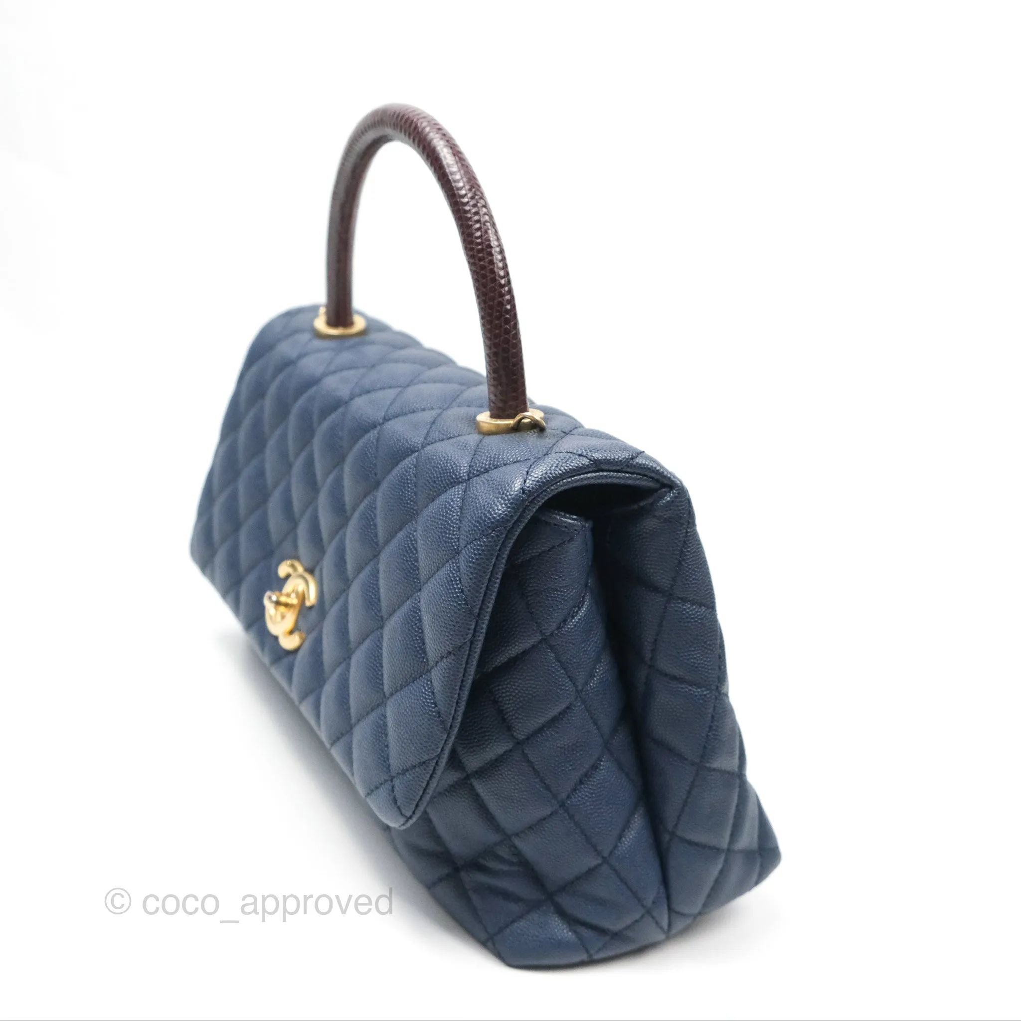 Chanel Medium Coco Handle Quilted Navy Caviar Lizard Handle Aged Gold Hardware