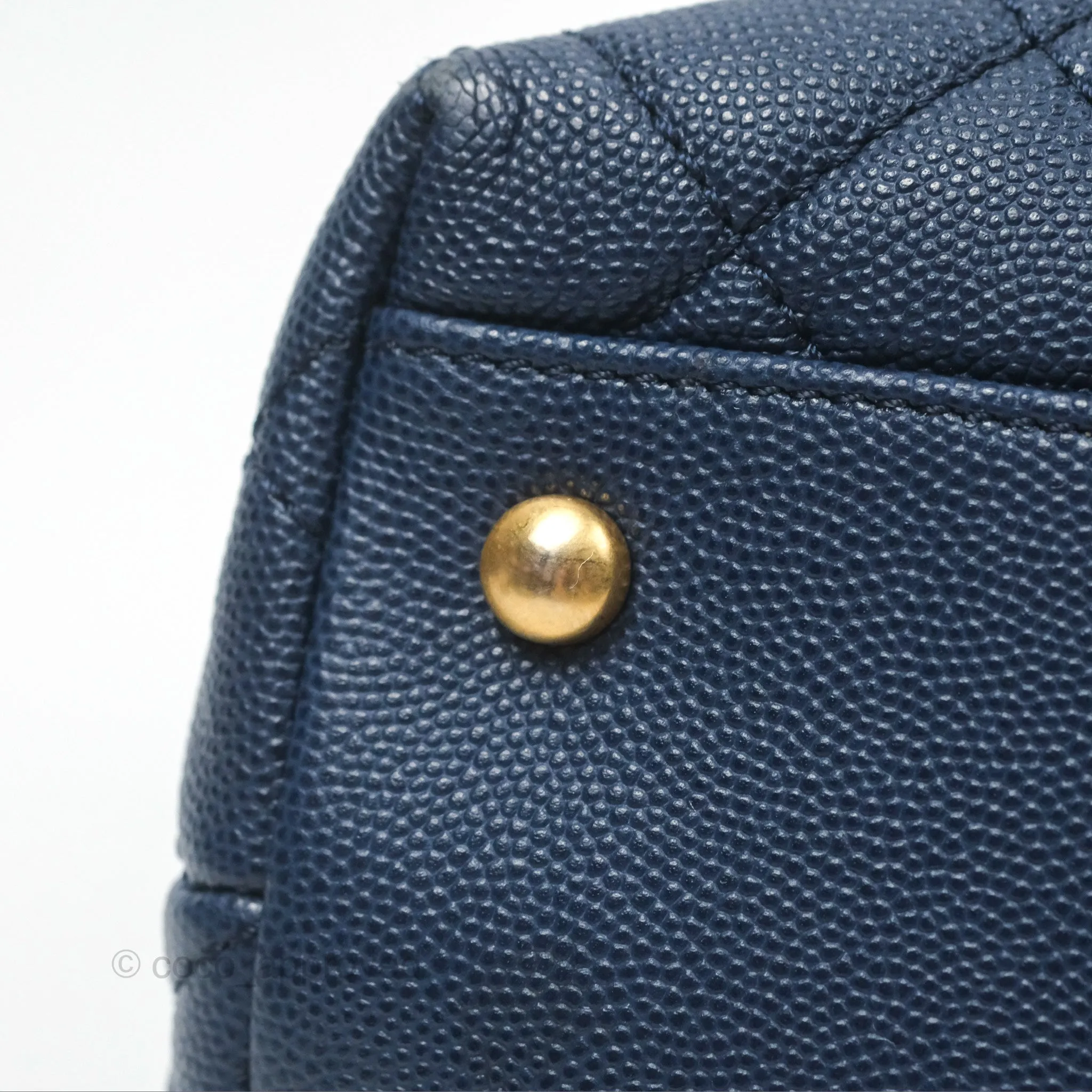 Chanel Medium Coco Handle Quilted Navy Caviar Lizard Handle Aged Gold Hardware