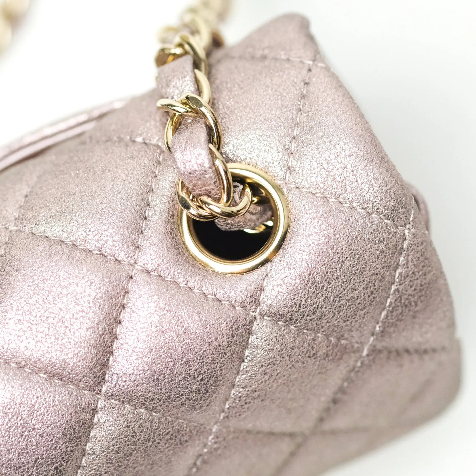 Chanel Metallic Rose Gold Goatskin Quilted Mini Rectangular Flap 14B