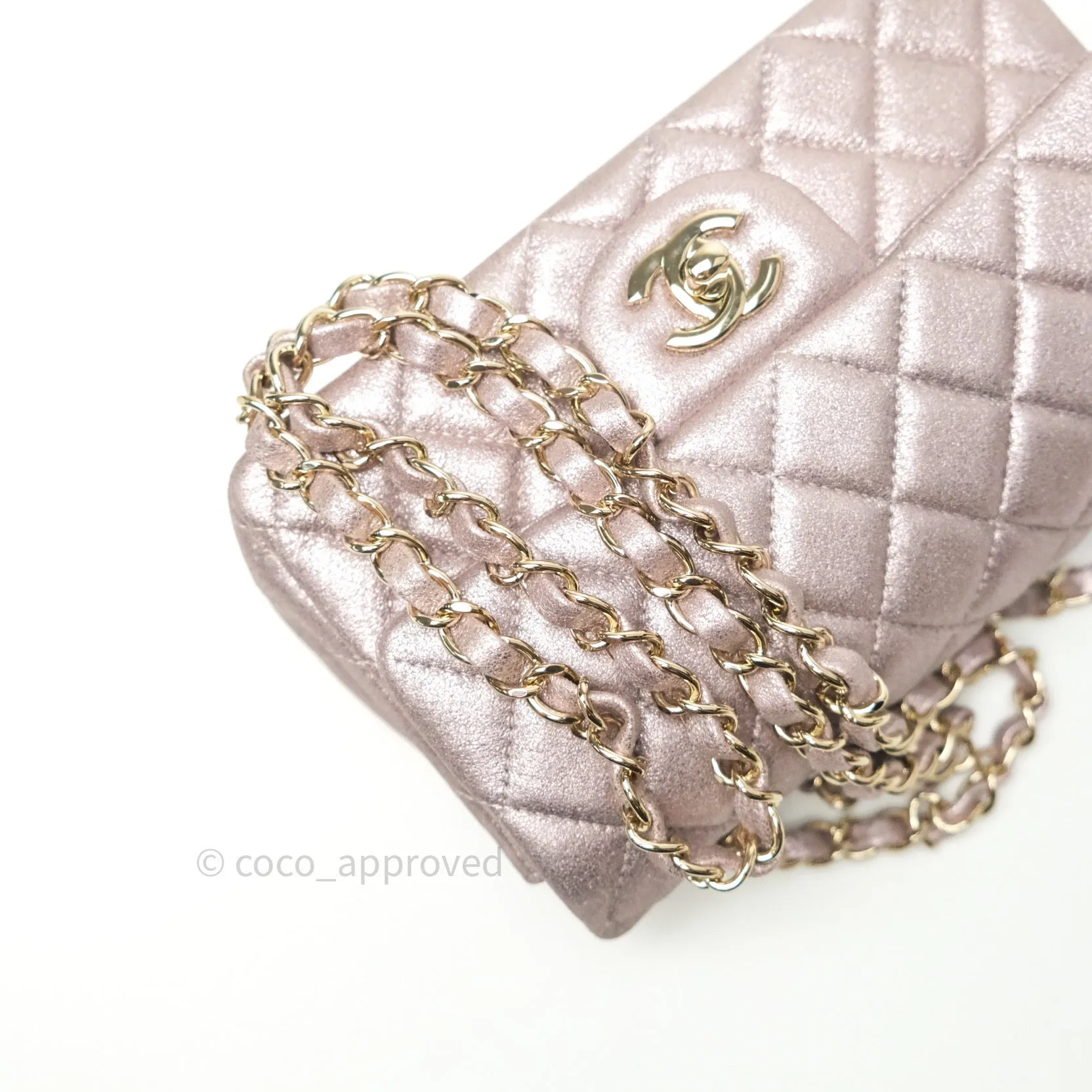 Chanel Metallic Rose Gold Goatskin Quilted Mini Rectangular Flap 14B