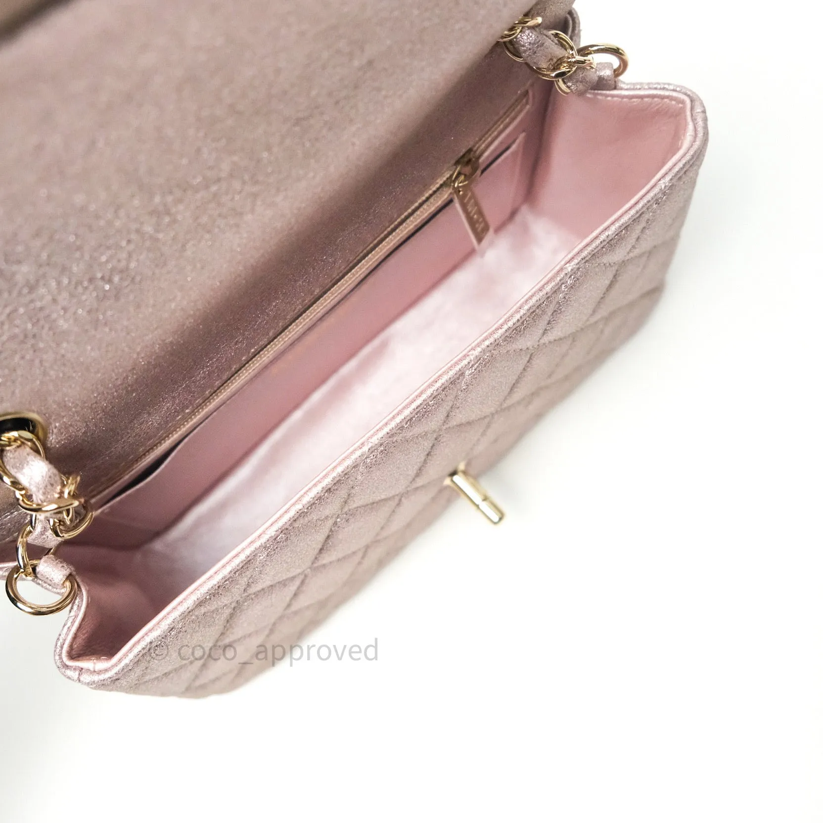 Chanel Metallic Rose Gold Goatskin Quilted Mini Rectangular Flap 14B