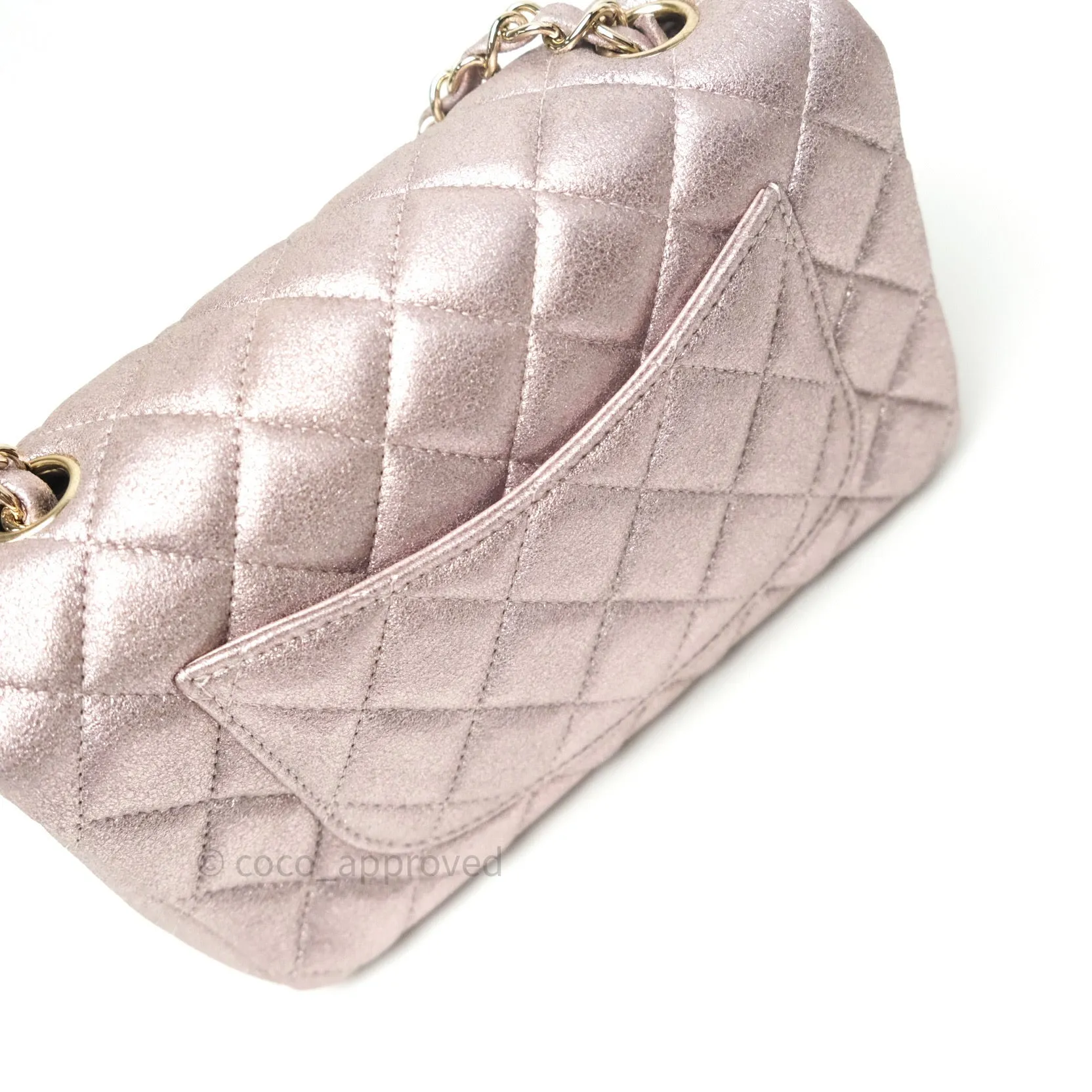 Chanel Metallic Rose Gold Goatskin Quilted Mini Rectangular Flap 14B