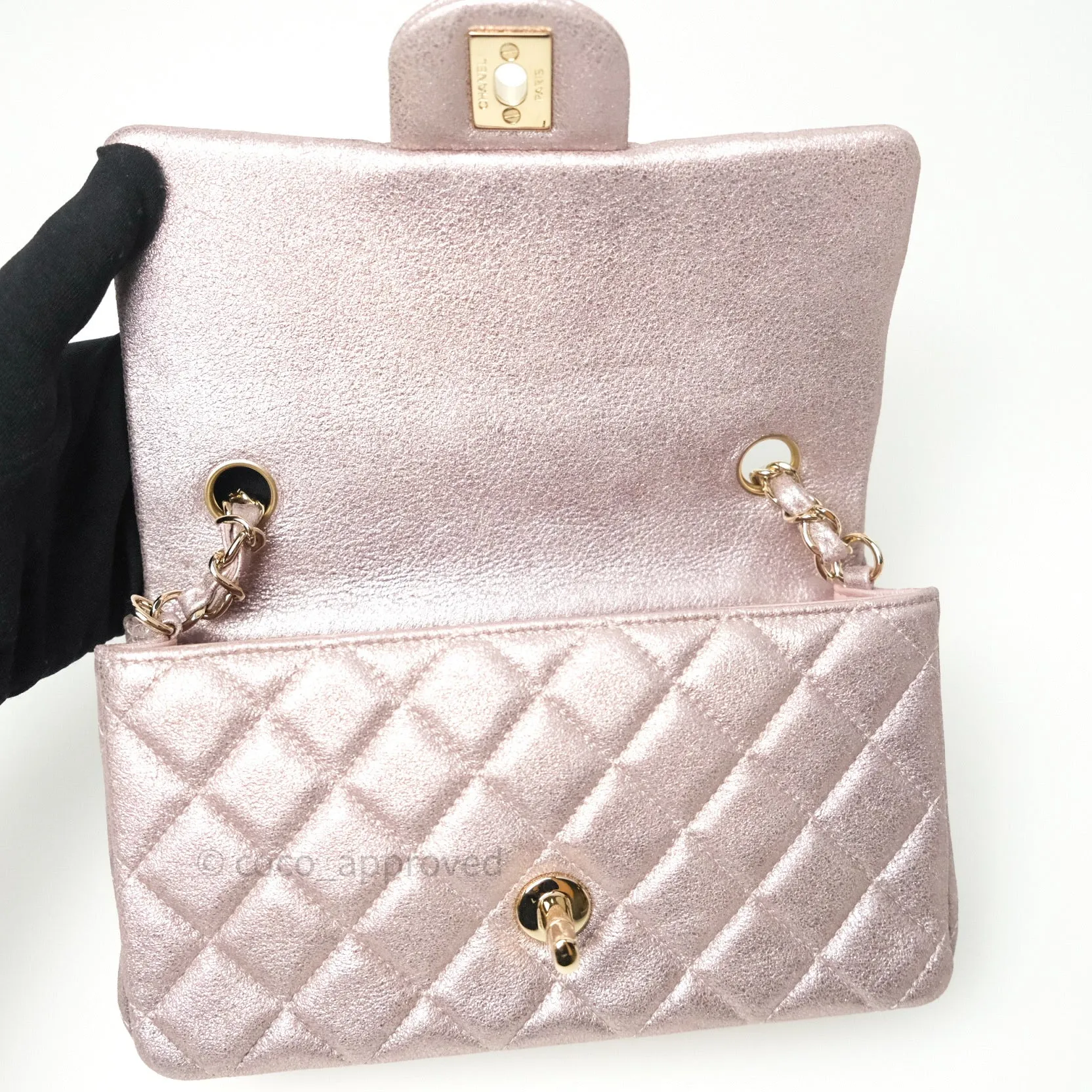 Chanel Metallic Rose Gold Goatskin Quilted Mini Rectangular Flap 14B